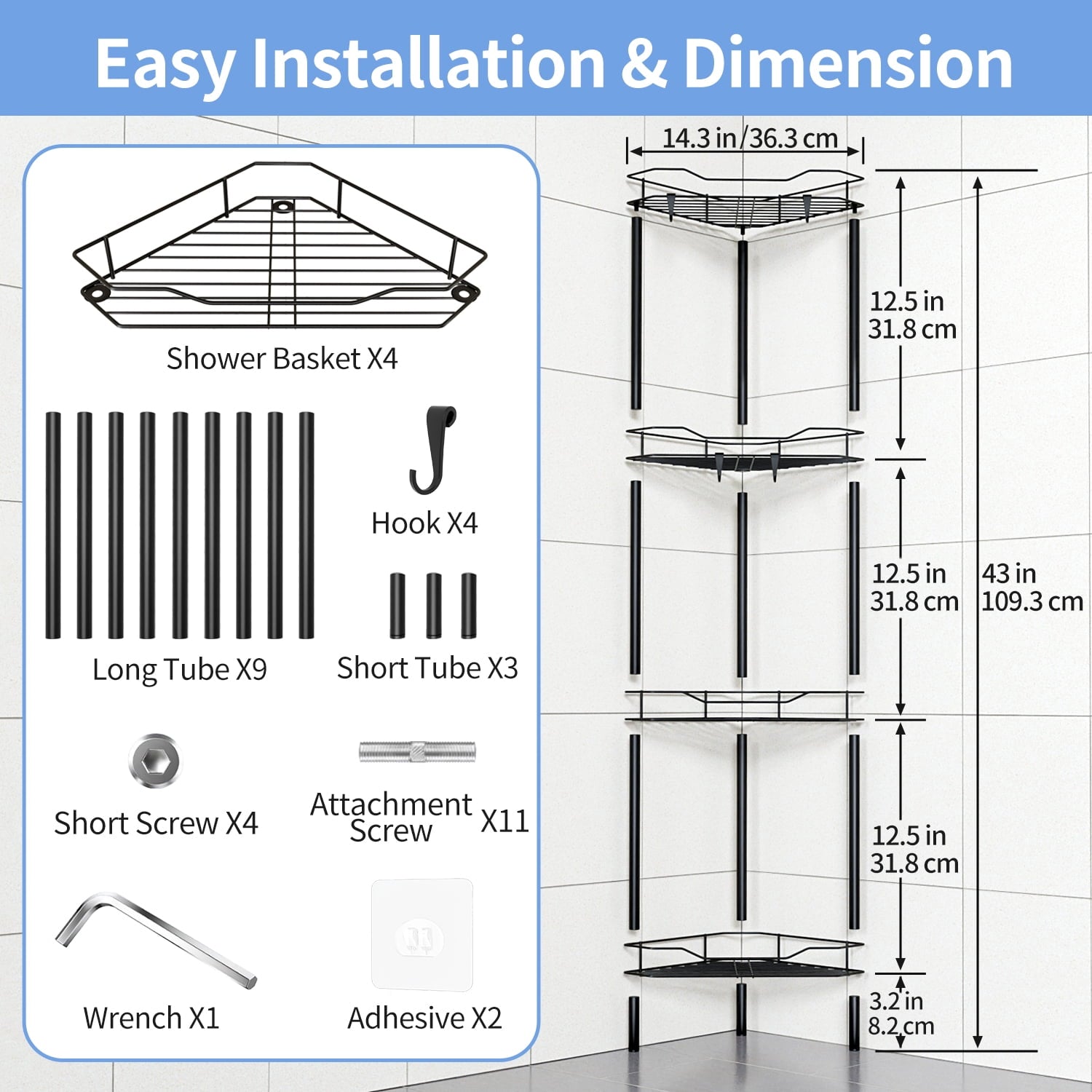 TINANA Corner Shower Caddy: 4 Tier Corner Shelf Organizer, Floor Standing Shower Caddy for Bathroom, Rest Room, Black - Image 6