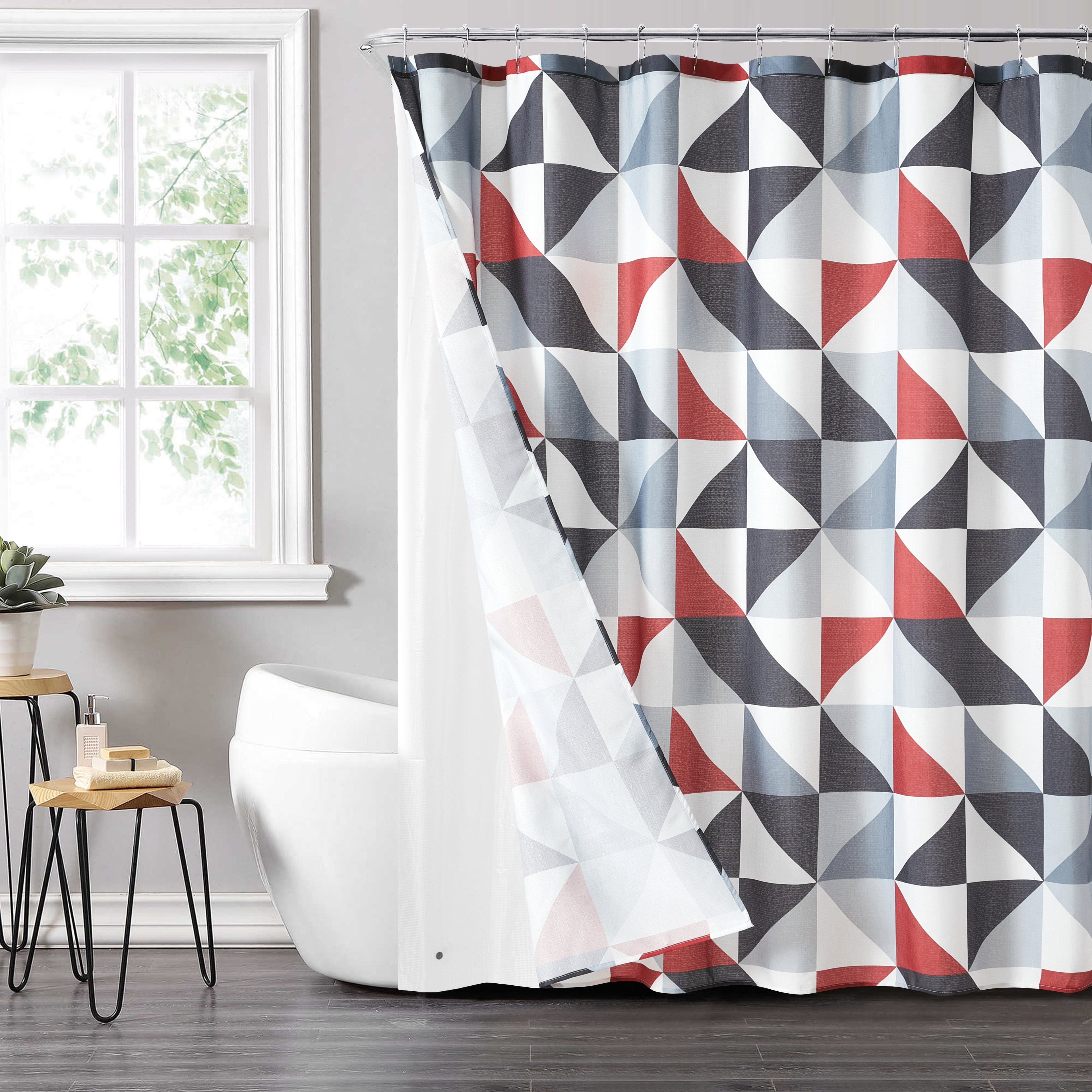 Mainstays 14-Piece Red & Black Geometric Shower Curtain Set  72" x 72" Fabric Curtain, PEVA Liner & Hooks, Bold Modern Bathroom Dcor - Image 2