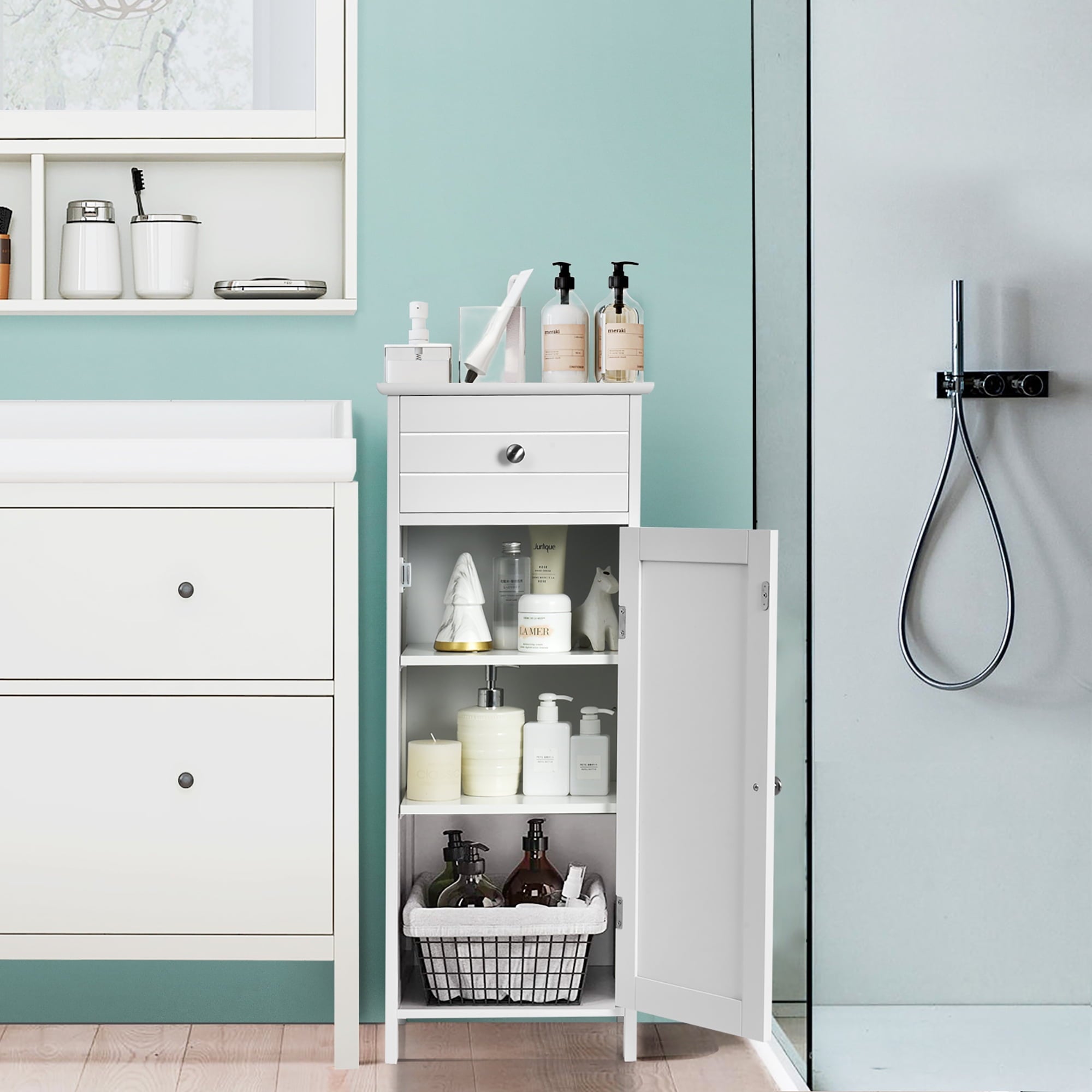 Bathroom Storage Floor Cabinet Wooden Organizer Free-Standing w/ Drawer & Shelf - Image 4