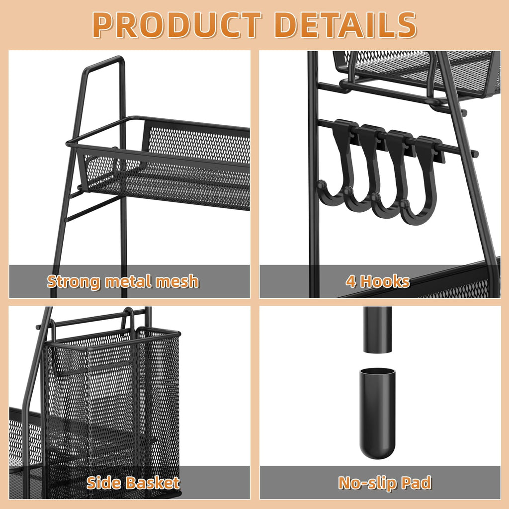 2-Tier Bathroom Organizer Countertop, Metal Wire Mesh Bathroom Counter Organizer Storage with Basket Hooks - Image 5