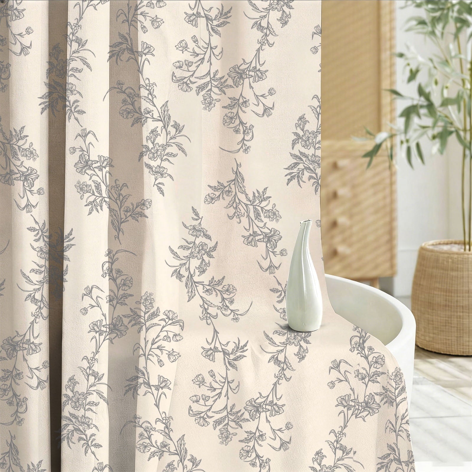 Gray Shower Curtain Floral Plant Shower Curtain Set with Tassels, Heavy Duty Faux Cotton Linen Cottagecore Boho Vinta... - Image 5