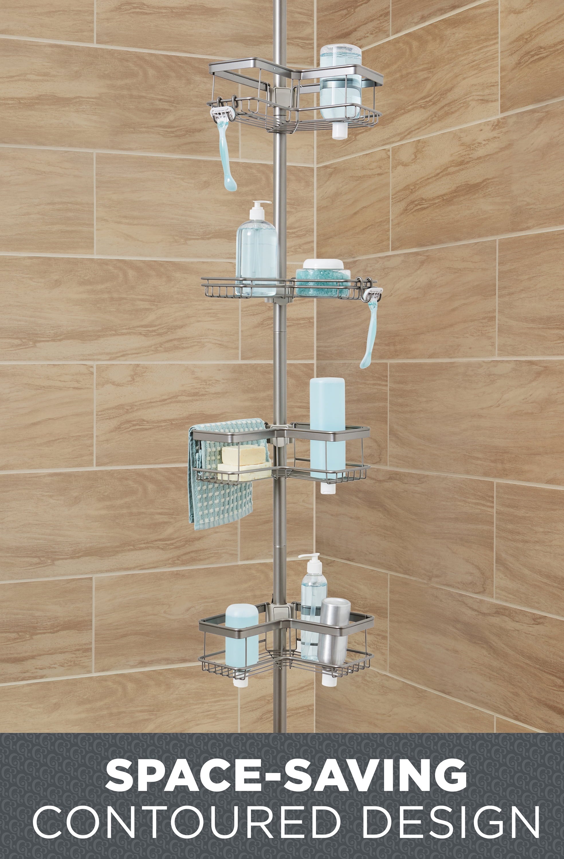 Adjustable Tension Steel Shower Pole Caddy, 4 Shelves, Satin Nickel - Image 2