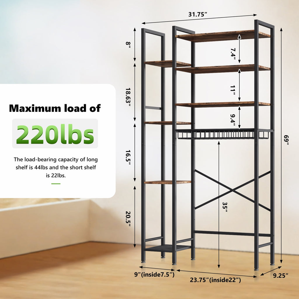 Biemlerfn 8-Tier Over the Toilet Rack, Bathroom Storage Organizer with Adjustable Shelves, Toilet Paper Holder & Hooks, Brown - Image 6