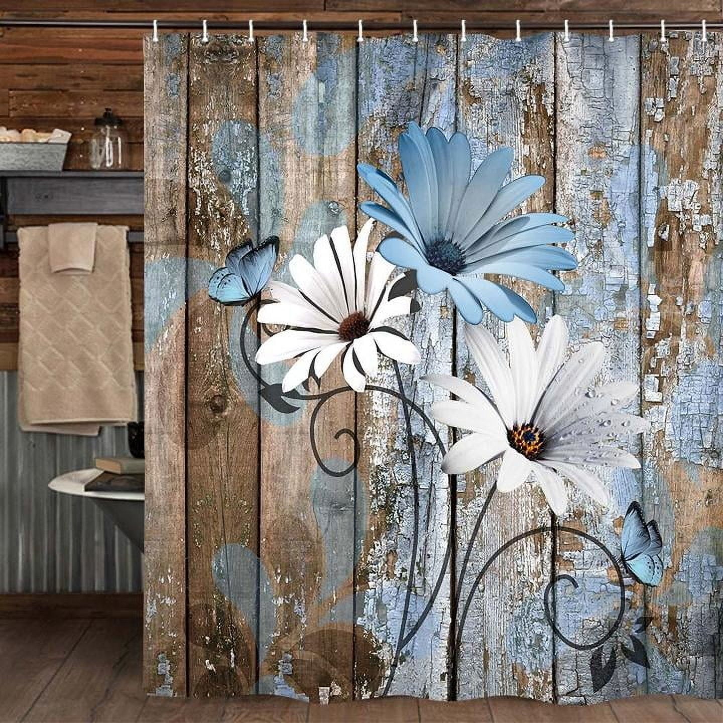 Shower Curtain, Rustic Blue Daisy Shower Curtain Set, Country Blue Wild Garden Plant Fabric Shower Curtain with Hooks... - Image 2