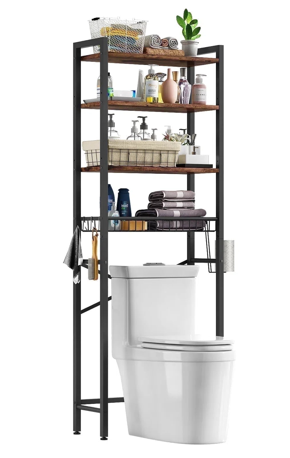 The Toilet Storage Shelf, 4-Tier Wooden Bathroom Organizer Adjustable Saver Space Rack with Toilet Paper Holder, Vint... - Image 2