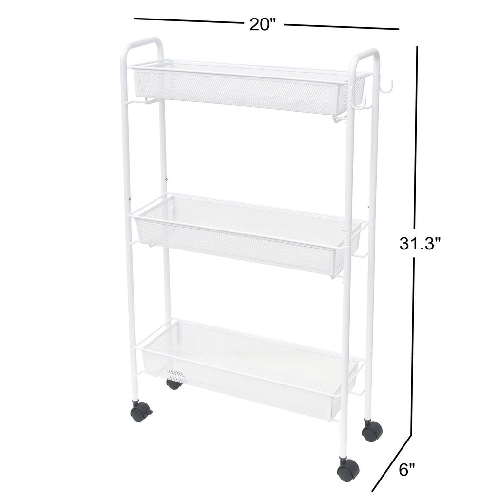 Mainstays Slim 3-Tier Rolling Bathroom Storage Cart with Hooks in White Finish - Image 2