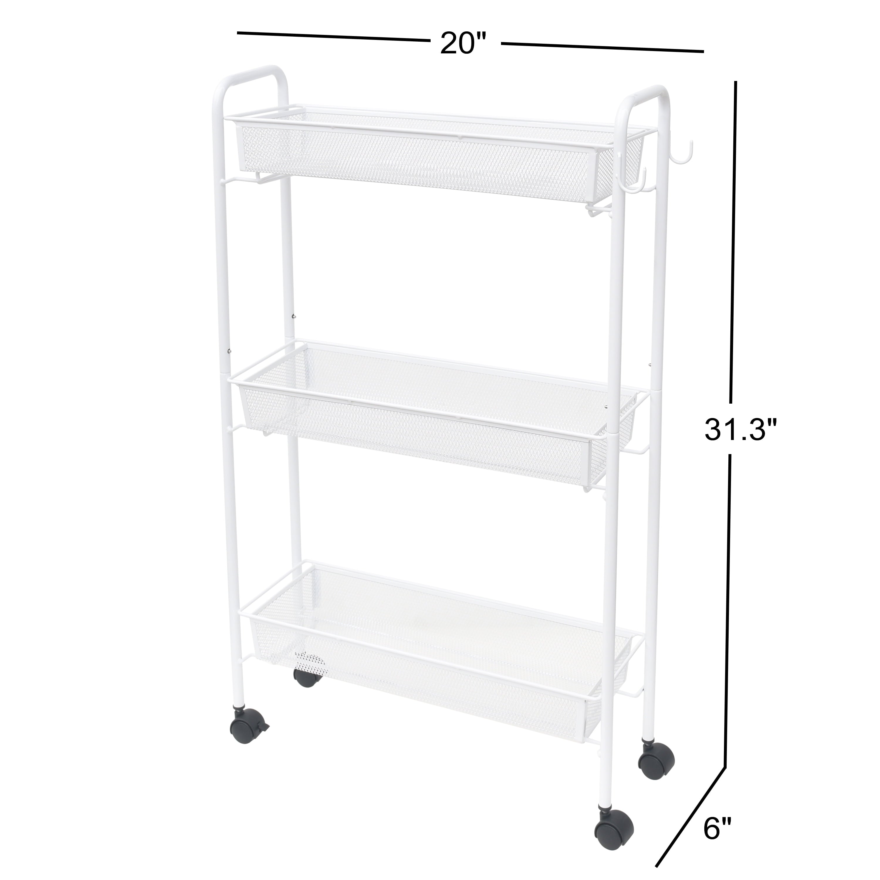 Mainstays Slim 3-Tier Rolling Bathroom Storage Cart with Hooks in White Finish - Image 2