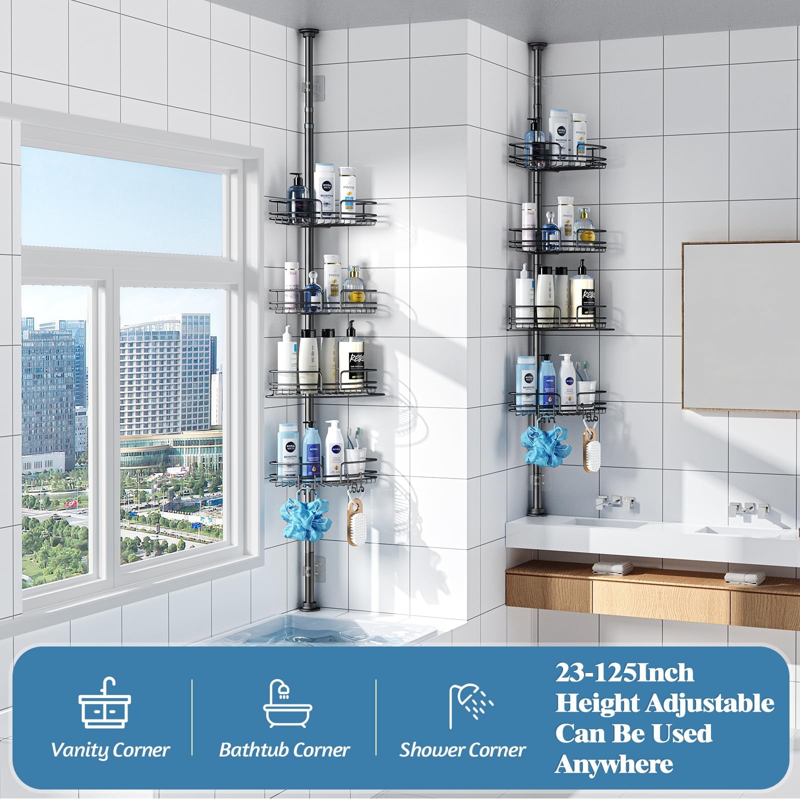 Alupssuc 4-Tier Rustproof Tension Shower Caddy, for Bathtub Shampoo Storage Bathroom Organizer, Adjustable Shower Shelves from 23 to 125 inc - Image 5