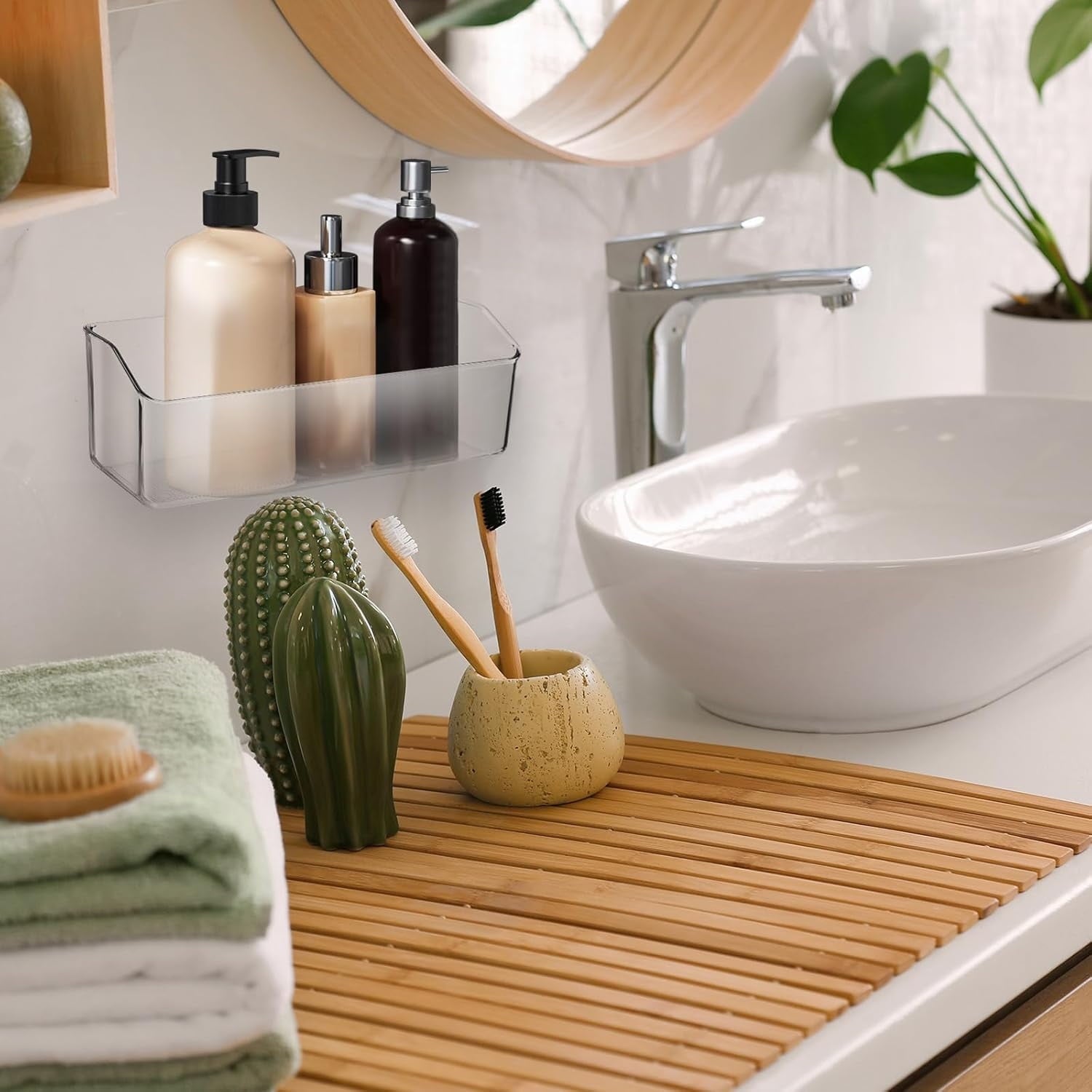 2 Pcs Wall Mounted Organizer Basket,Storage Organizer Bins,Self Adhesive Shower Caddy, Stackable Plastic Makeup Organ... - Image 6
