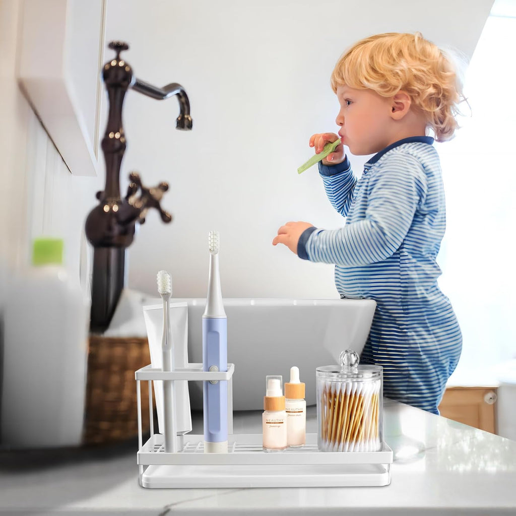 for Bathrooms, 4 Slots Metal Electric Toothpaste Holder with Drainage for Bathroom Countertop, White - Image 4