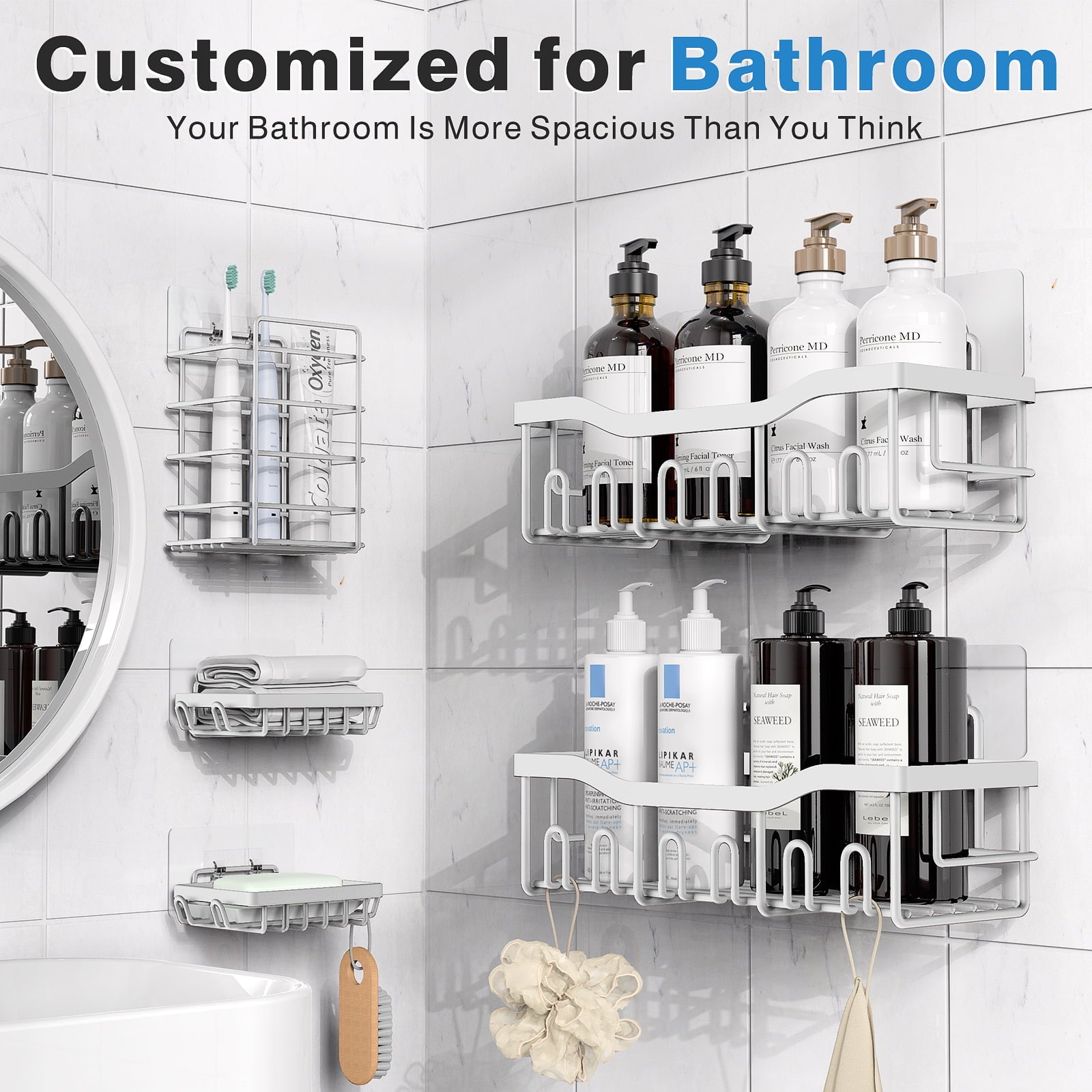 Shower Caddy 5 Pack,Adhesive Shower Organizer for Bathroom Storage&Home Decor&Kitchen,No Drilling,Large Capacity,Rustproof Stainless Steel B - Image 3