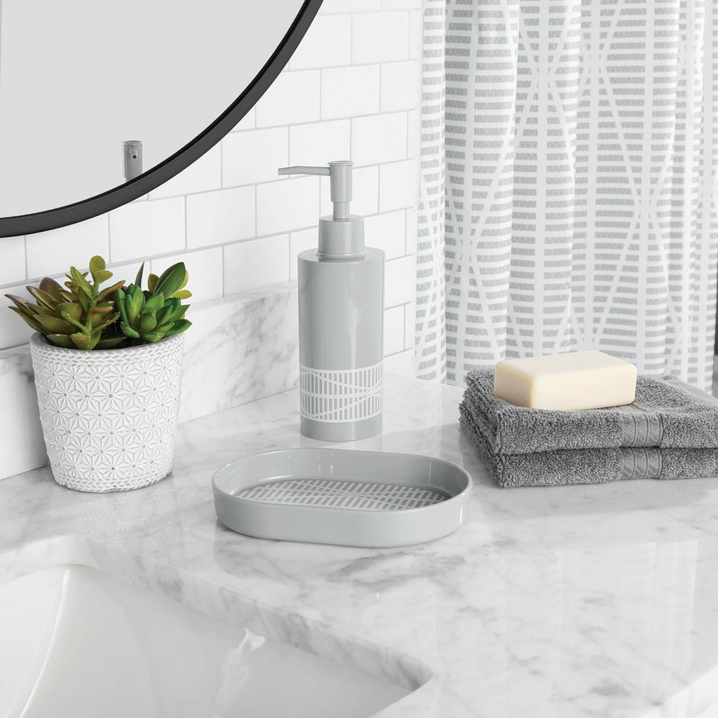 16-Piece Grey Diamond Geo Shower Curtain Bathroom Set Fabric Curtain with Rug, Hooks, Soap Dispenser & Tray - Image 2