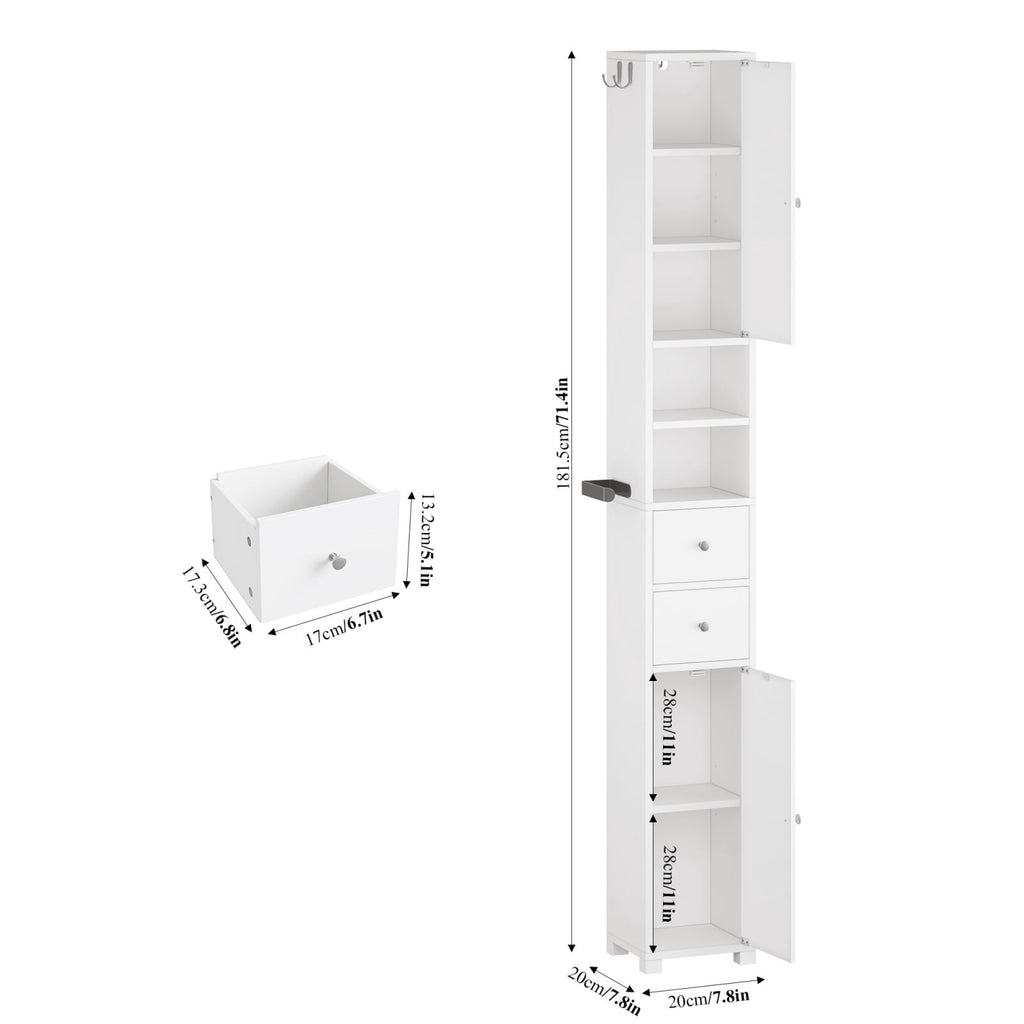 Homfa 71" Tall Bathroom Storage Cabinet with Adjustable Shelves, 2 Doors & Drawers Bathroom Storage Tower with Hooks & Paper Towel Holder, F - Image 2