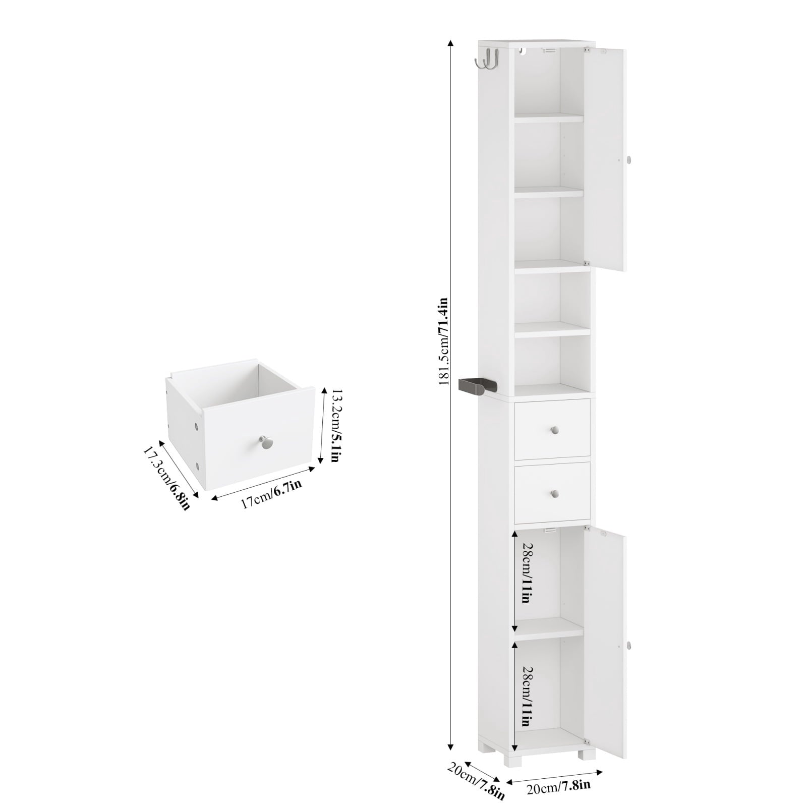 Homfa 71" Tall Bathroom Storage Cabinet with Adjustable Shelves, 2 Doors & Drawers Bathroom Storage Tower with Hooks & Paper Towel Holder, F - Image 2