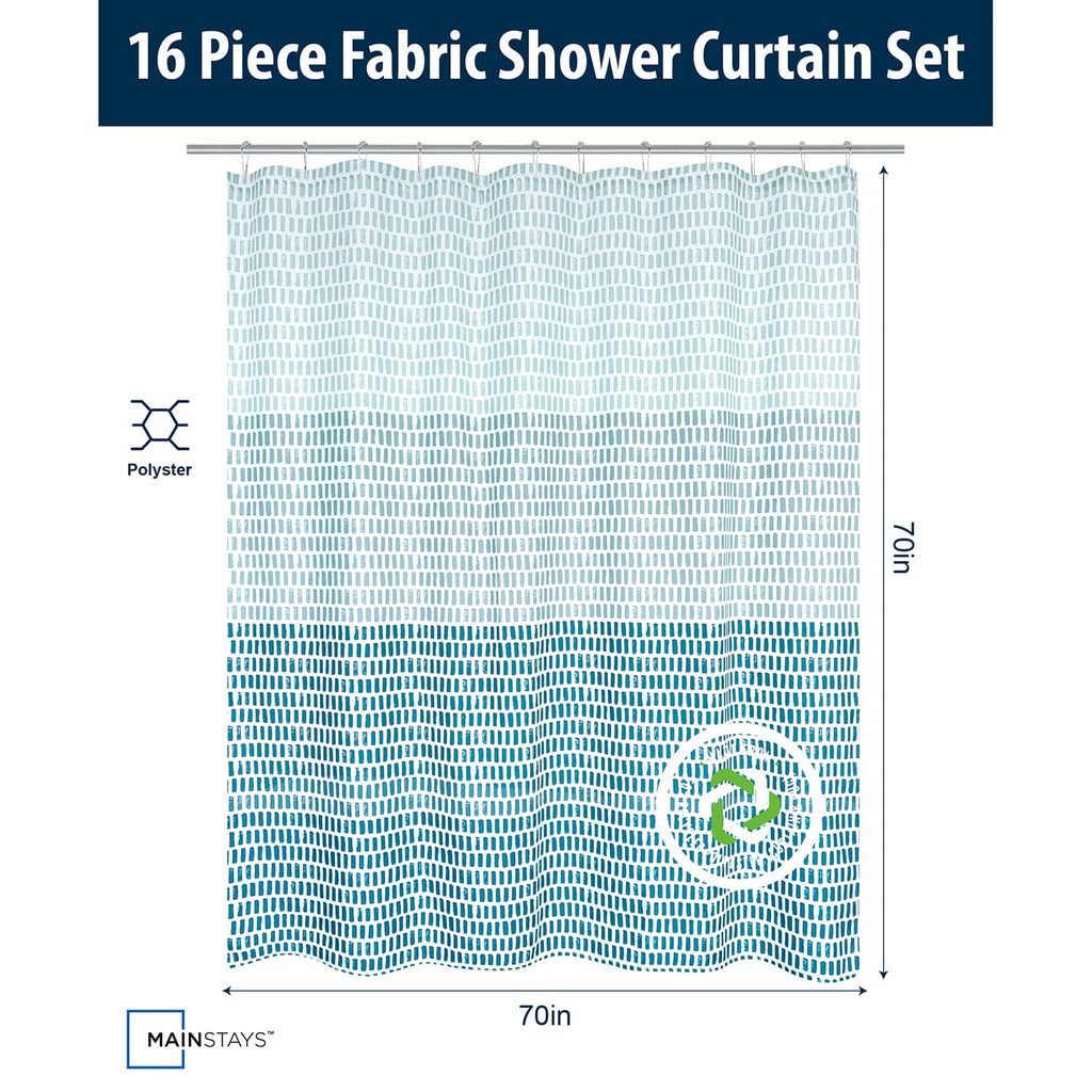 Mainstays 16-Piece Ombre Stripe Shower Curtain Bathroom Set  Blue Fabric Curtain with Rug, Hooks, Soap Dispenser & Tray - Image 5