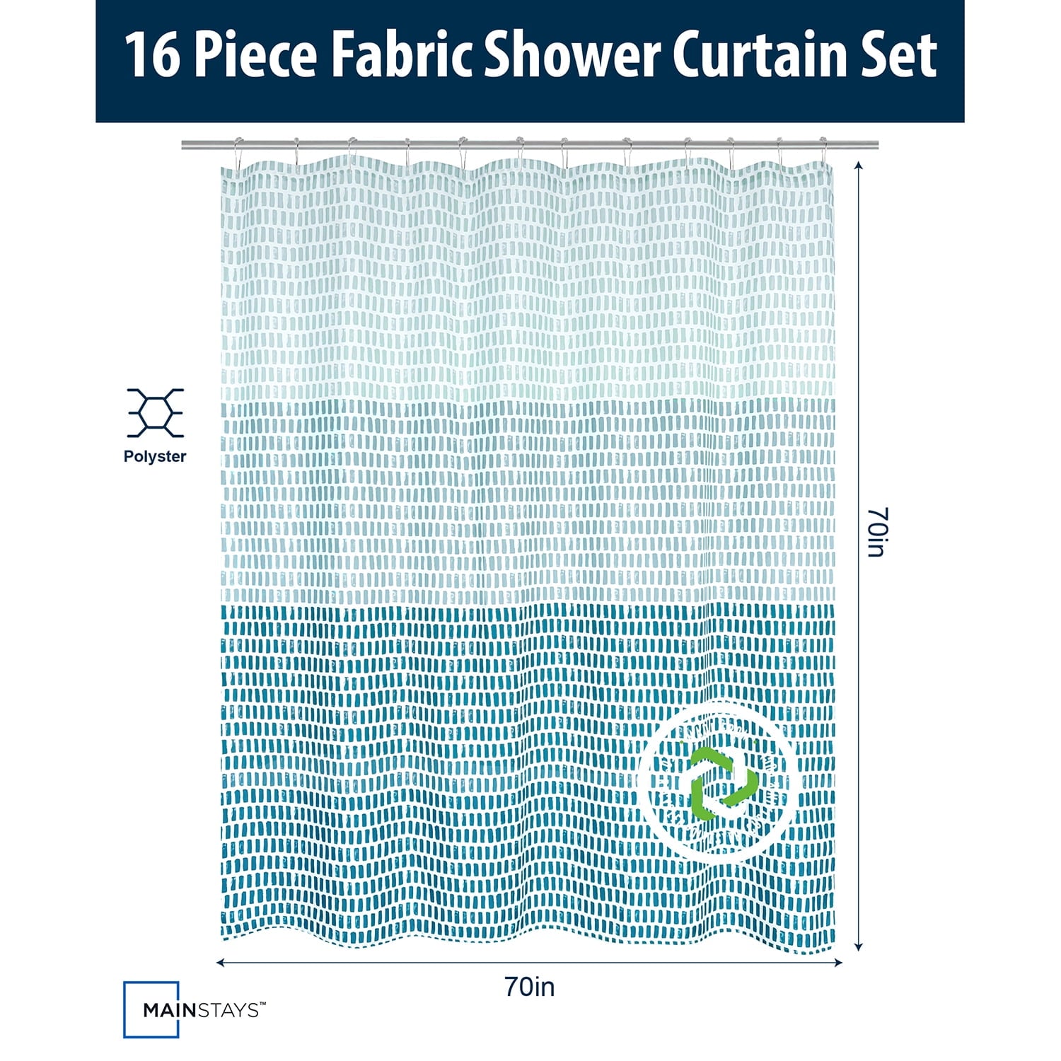 Mainstays 16-Piece Ombre Stripe Shower Curtain Bathroom Set  Blue Fabric Curtain with Rug, Hooks, Soap Dispenser & Tray - Image 5