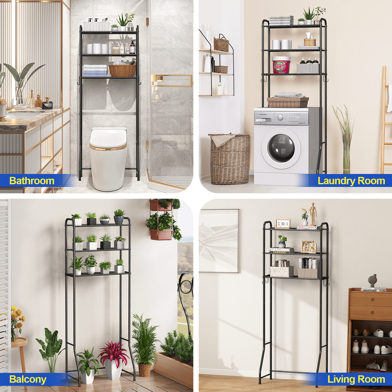 3 Over The Toilet Storage Rack, Bathroom Organizer Shelves Cabinet Above Toilet, Freestanding Shelf Space Saver, Black - Image 6