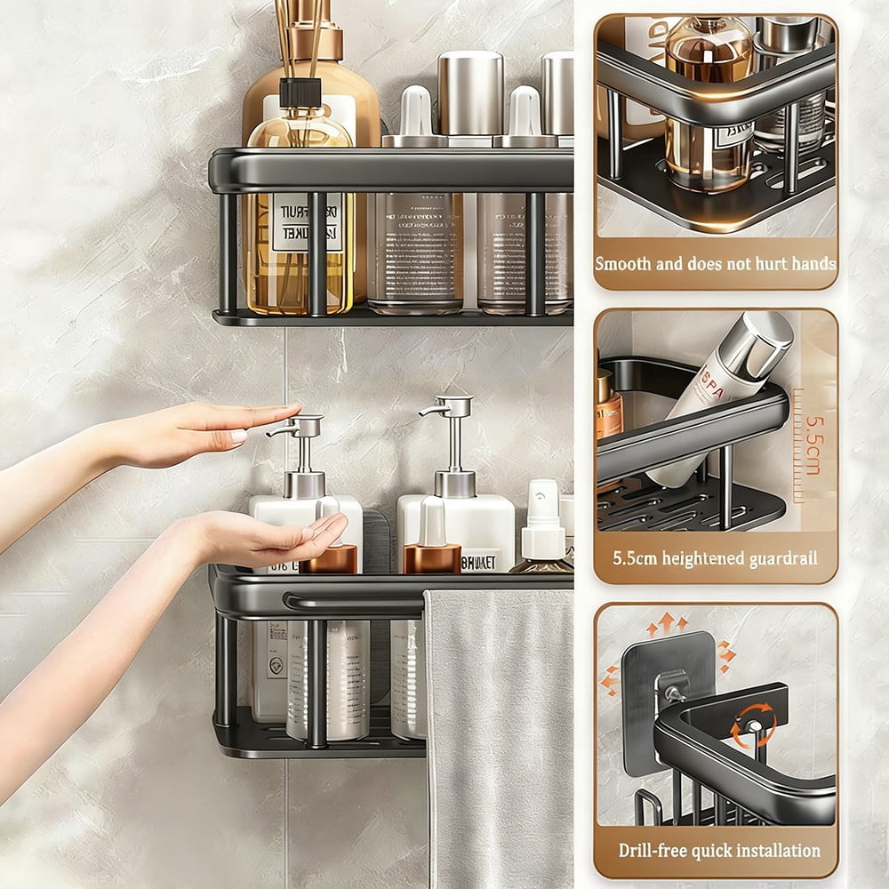 Set, No-Drill Adhesive Wall Mounted Shelves, 2-Pack Bathroom Organizer with Hooks & Towel Bar, Rustproof Storage for ... - Image 2