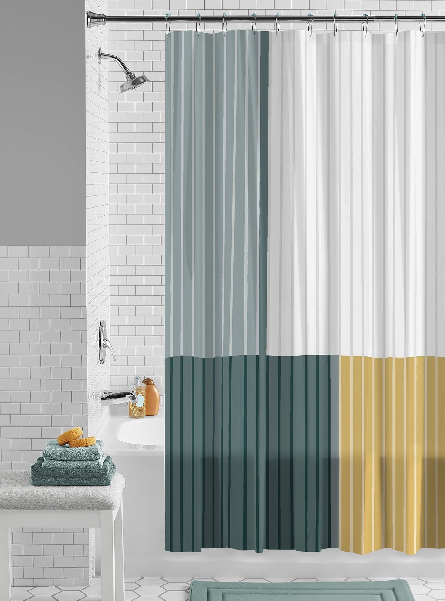 13-piece 30% Recycled Green Colorblock Stripe Shower Curtain & Hooks - Image 6