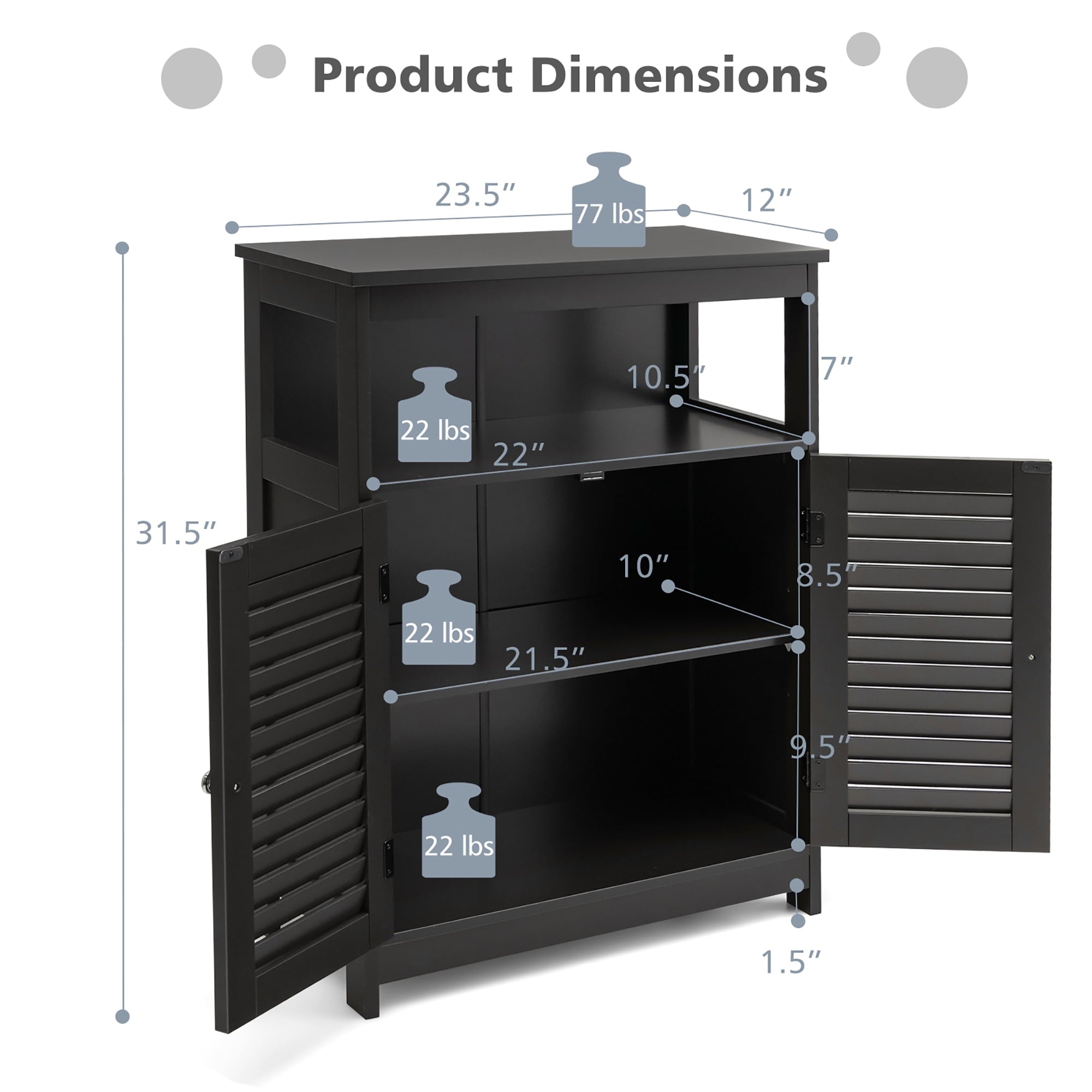 Bathroom Storage Wood Floor Cabinet with Double Shutter Door Black - Image 4