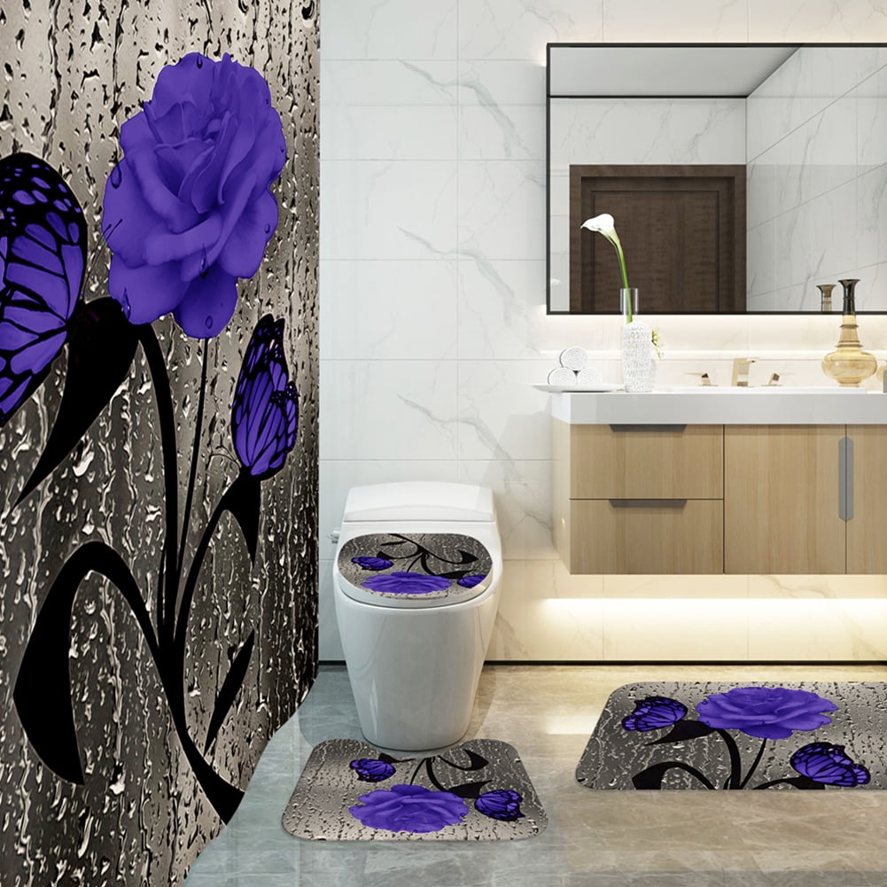 4 Pcs Bathroom Shower Curtain Set Blue Rose Shower Curtain Bathroom Sets Valentine's Day Shower Curtain Sets with Rugs(Bath Mat,U Shape and - Image 5