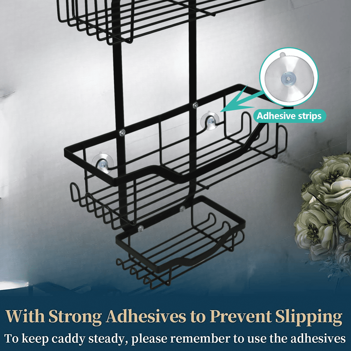 Shower Caddy, Over Head Shower Organizer Rustproof with Hooks for Towels, Sponge and more, Stainless Steel Black - Image 2