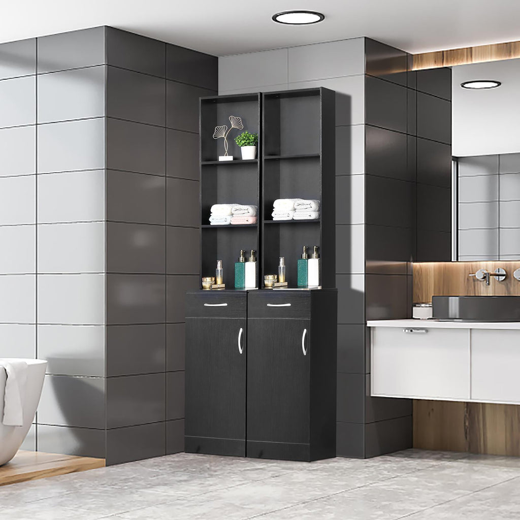 Station Makeup Hair Salon Cabinet, Freestanding Bathroom Tall Cabinet with 5 Shelves & Drawer, Black - Image 3