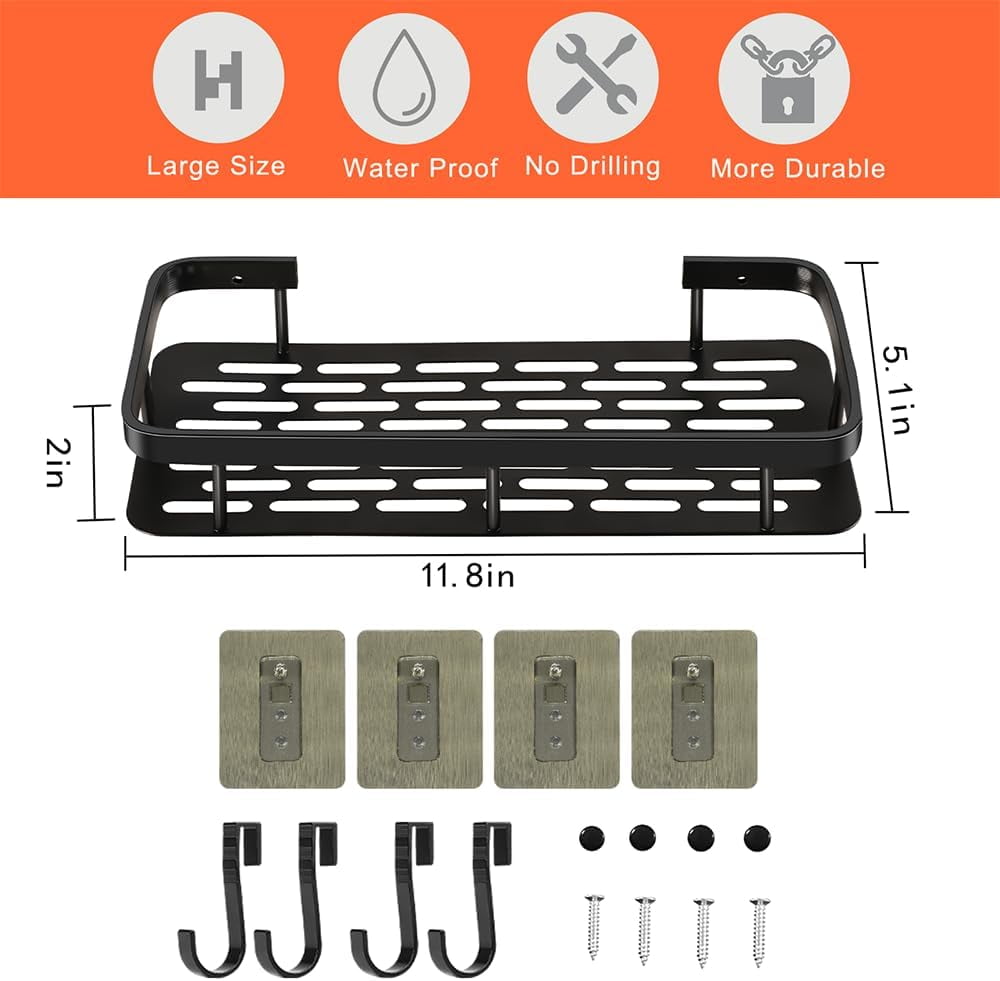 2 Pack Adhesive Shower Caddy Bathroom Shower Shelves with 4 Hooks, Space Aluminum Shower Organizer - Rustproof Waterp... - Image 6