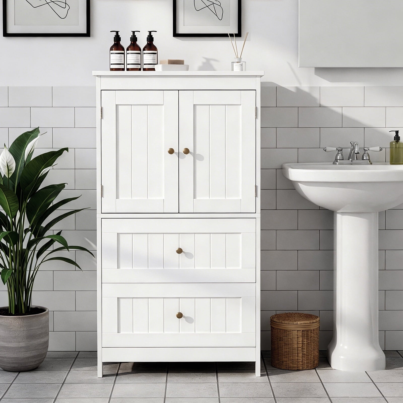 Bathroom Floor Storage Cabinet, Freestanding Cabinet with 2 Doors 2 Drawers, Adjustable Shelves, White - Image 3