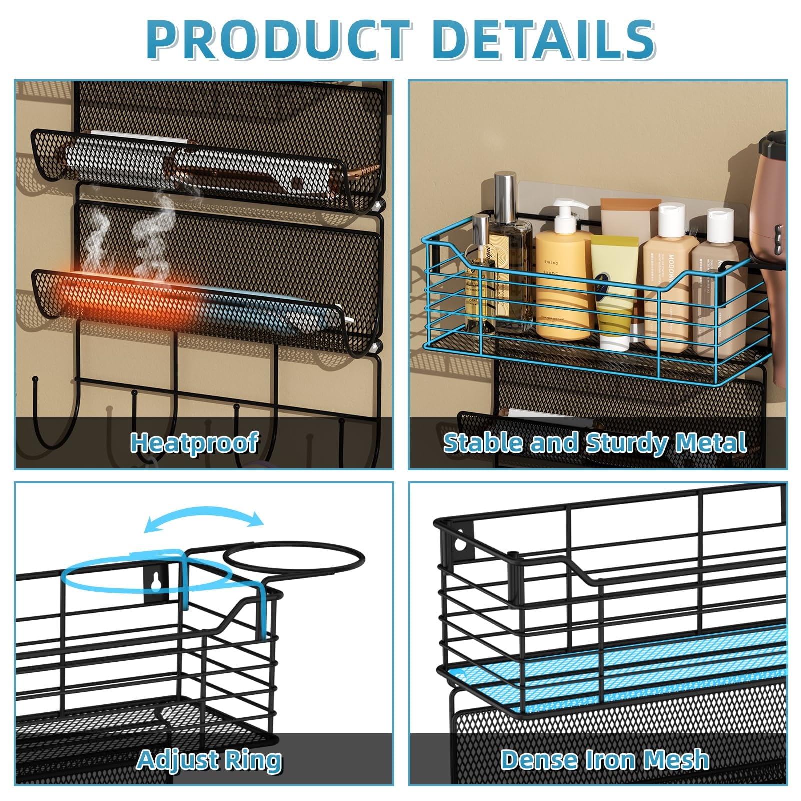 Metal Hair Tool Organizer Wall Mount, Hair Dryer Holder with 3 Tier Shelf Basket Hooks, Bathroom Hair Styling Tool Or... - Image 3