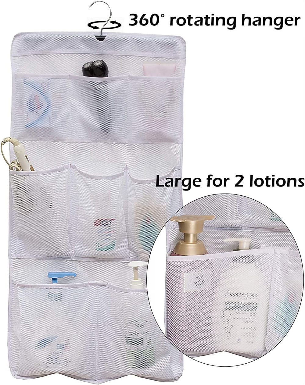 NOGIS 8 Pockets Mesh Shower Organizer Hanging Caddy with Rotating Hanger Quick Dry Bathroom Storage（1 Curtain Rings） - Image 3