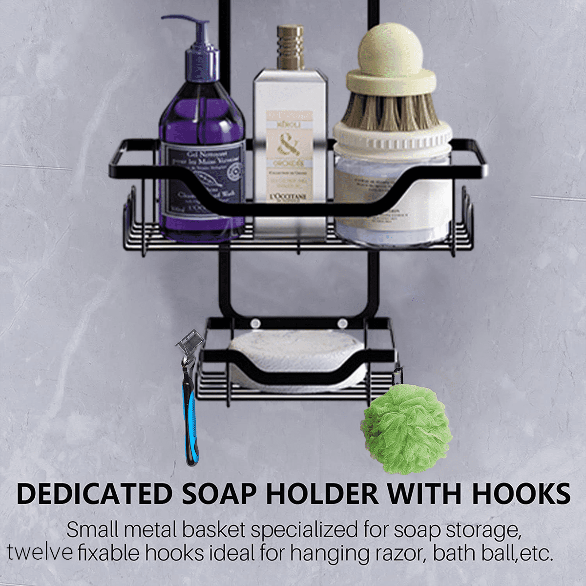Shower Caddy, Over Head Shower Organizer Rustproof with Hooks for Towels, Sponge and more, Stainless Steel Black - Image 6