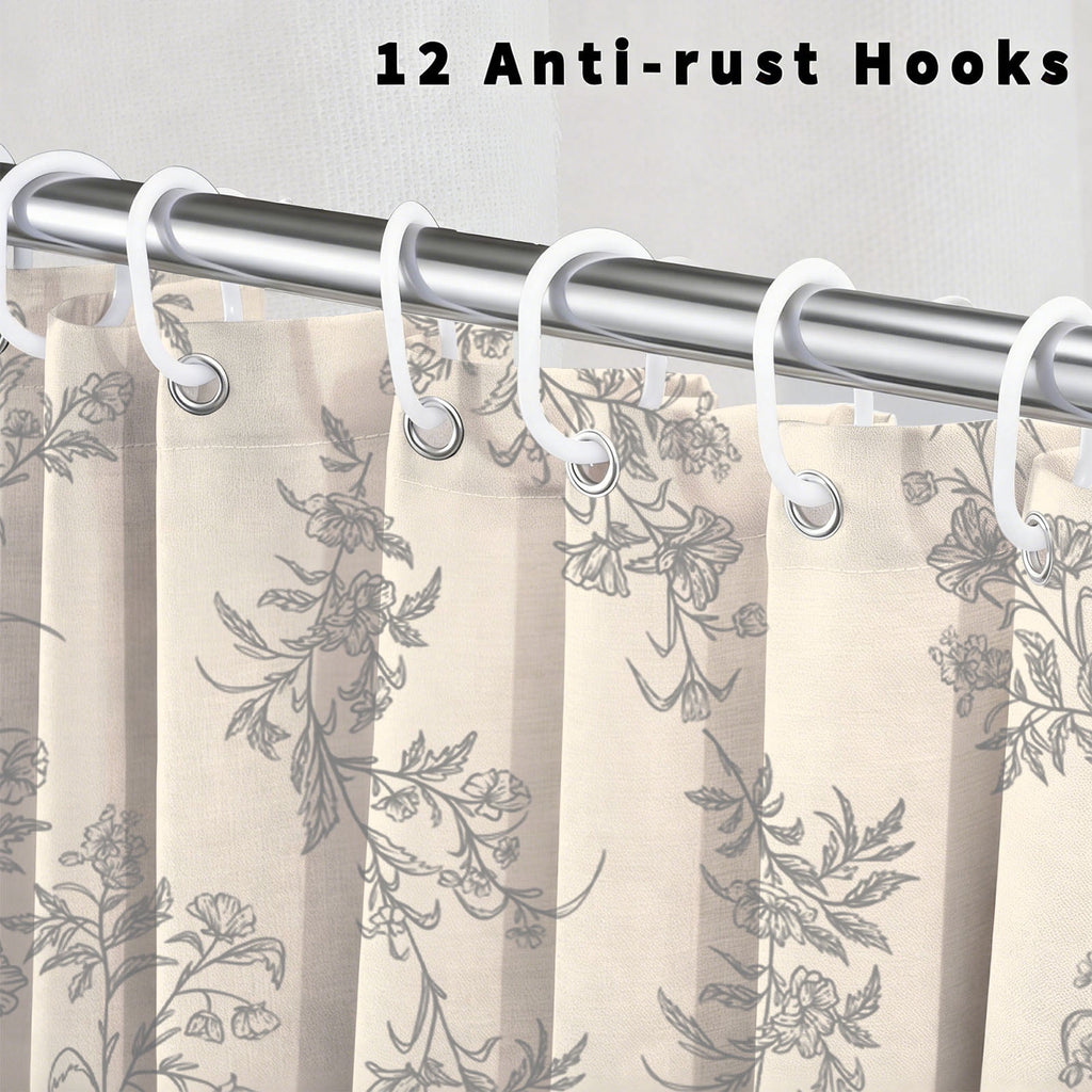 Gray Shower Curtain Floral Plant Shower Curtain Set with Tassels, Heavy Duty Faux Cotton Linen Cottagecore Boho Vinta... - Image 4
