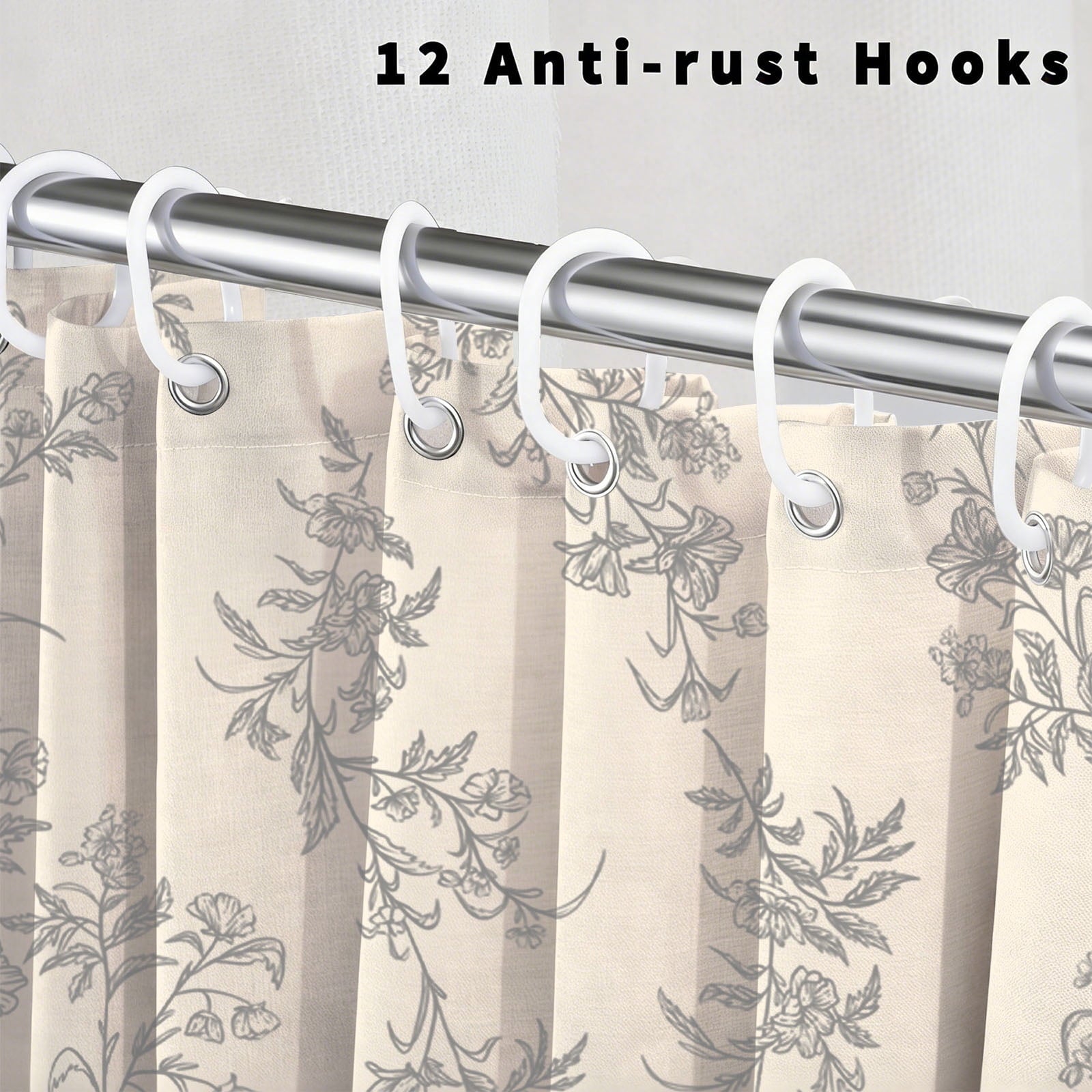 Gray Shower Curtain Floral Plant Shower Curtain Set with Tassels, Heavy Duty Faux Cotton Linen Cottagecore Boho Vinta... - Image 4