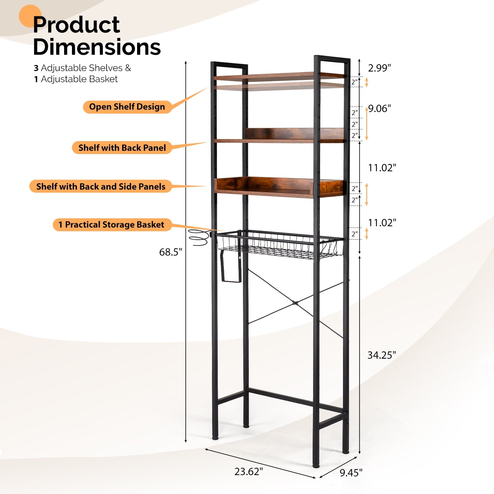 3-Shelf The Toilet Bathroom Storage Rack and Shelf with with Wire Baskets, Tissue Hook and Hairdryer Holder, Rotten -... - Image 2