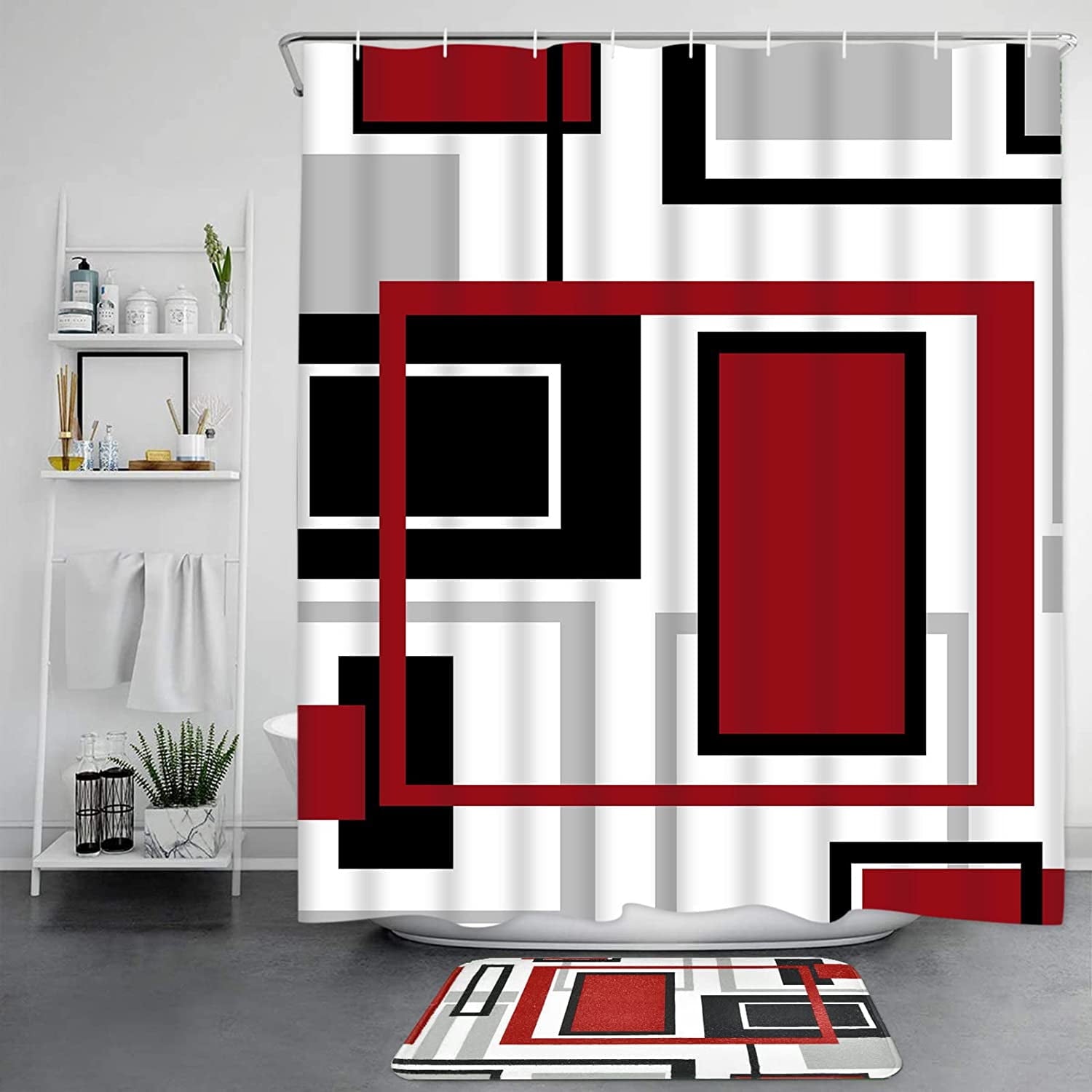 Red Black Geometric Shower Curtain and Rug Sets, 16 Pc Modern Abstract Bathroom Sets, Waterproof Fabric Shower Curtai... - Image 2