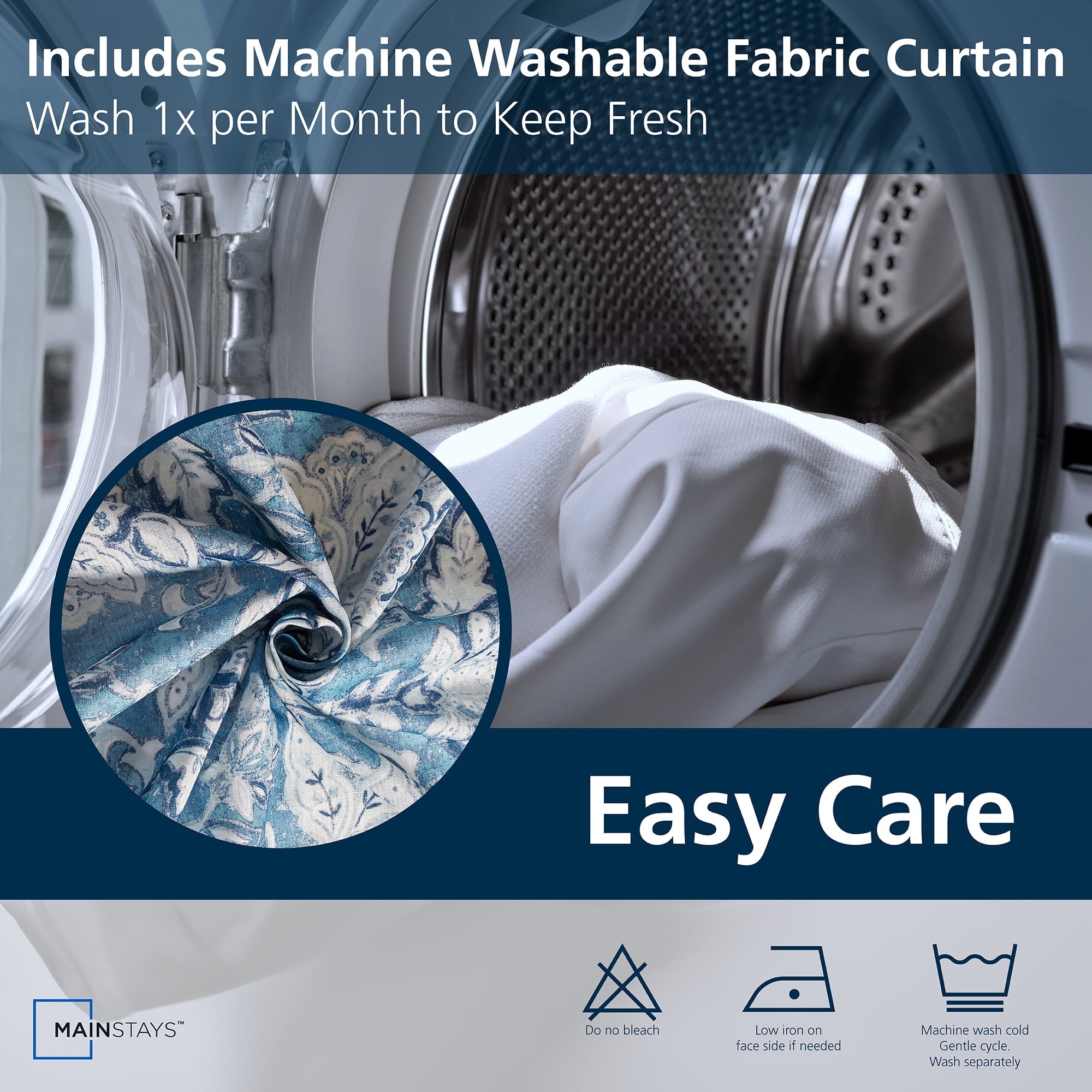 Mainstays 14-Piece Blue Medallion Shower Curtain Set  Fabric Curtain, PEVA Liner & Metal Hooks, 72"x72", Moisture-Resistant - Image 3