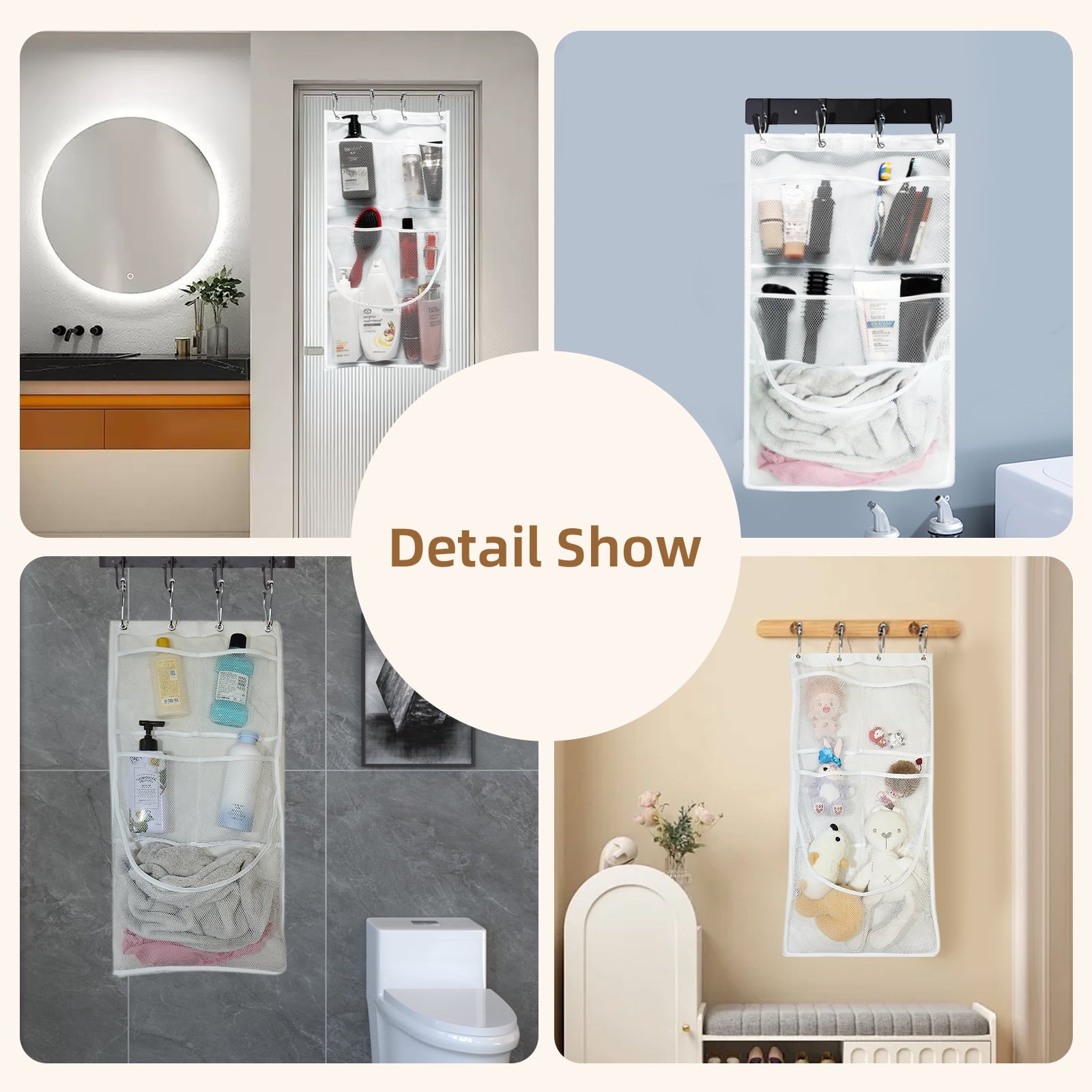 EMLTHORY 2Ppack Mesh Shower Caddy Hanging Organizer,Shower Curtain Liner Pockets Hanging Shower Organizer with Pockets Quick Dry Cruise RV C - Image 5