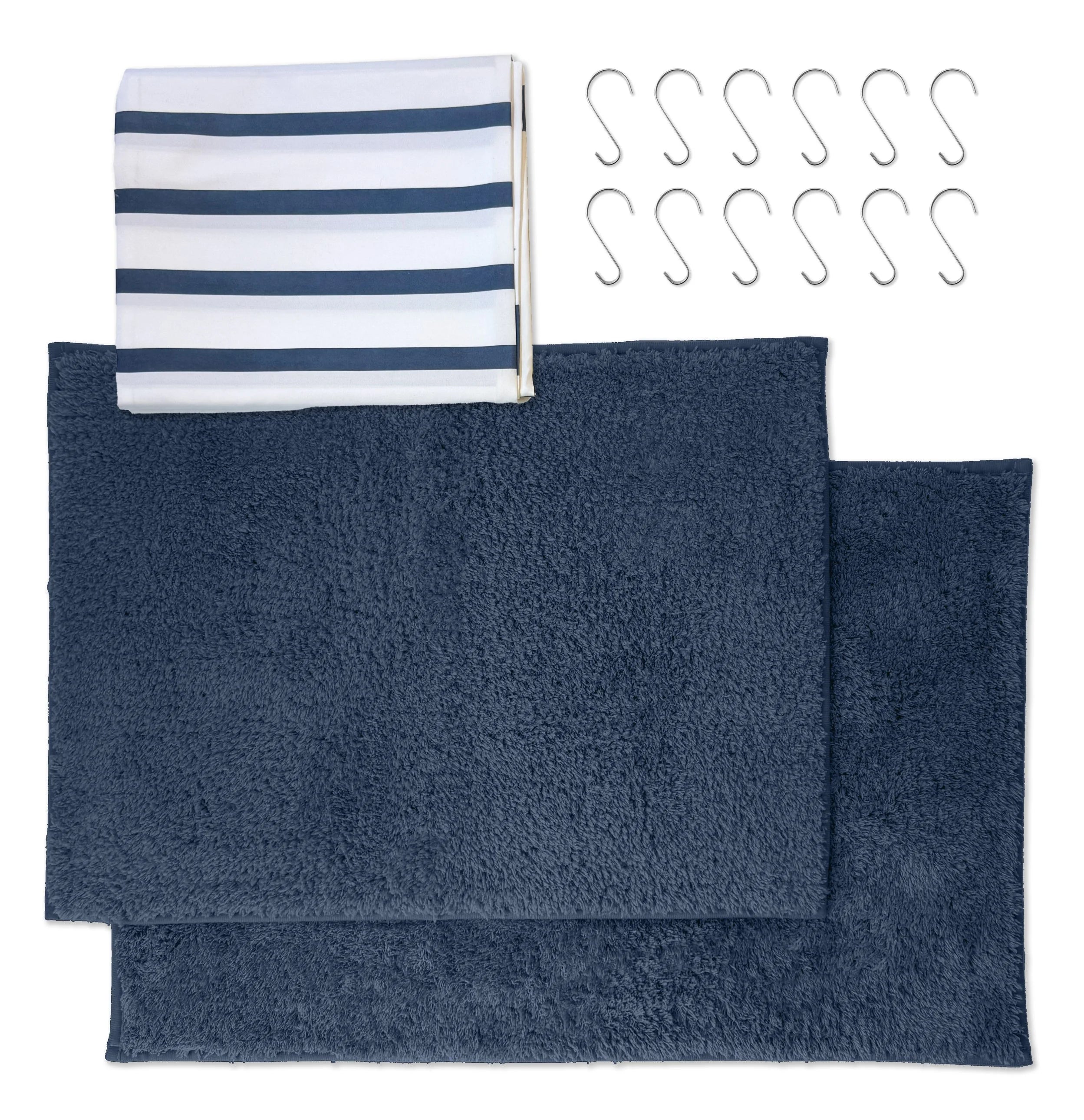 Mainstays 15-Piece Navy Stripe Shower Curtain Bathroom Set  Fabric Curtain with Hooks and Two Bath Rugs - Image 2