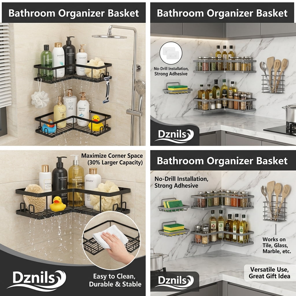 Caddy Corner 5 Pack, Large Capacity No Drilling Wall-Mounted Bathroom Organizer Basket, Black - Image 5
