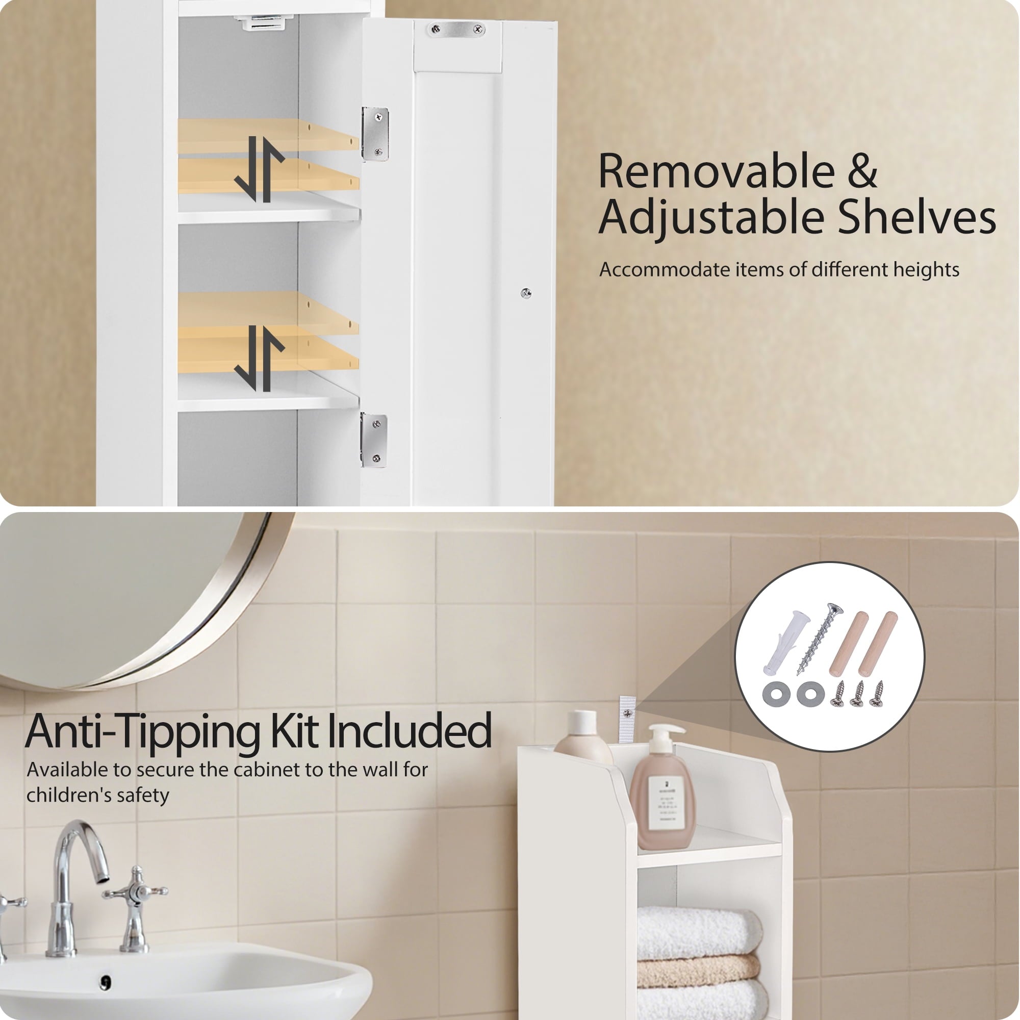 Bathroom Cabinet Slim Storage Cabinet with Adjustable Shelves Freestanding Floor Cabinet White - Image 5