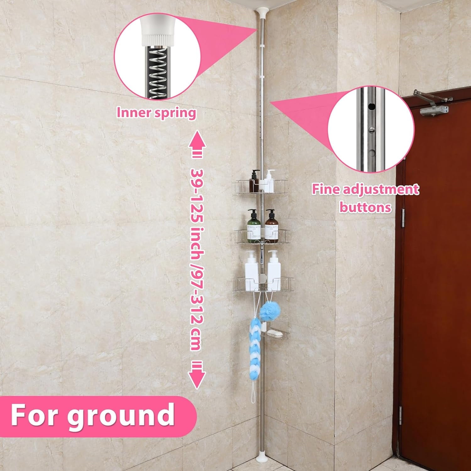 Caddy 39-125" Stainless Steel Shelves Rack for Inside Bathroom Bathtub Caddy Rustproof Tension Pole Silver - Image 4