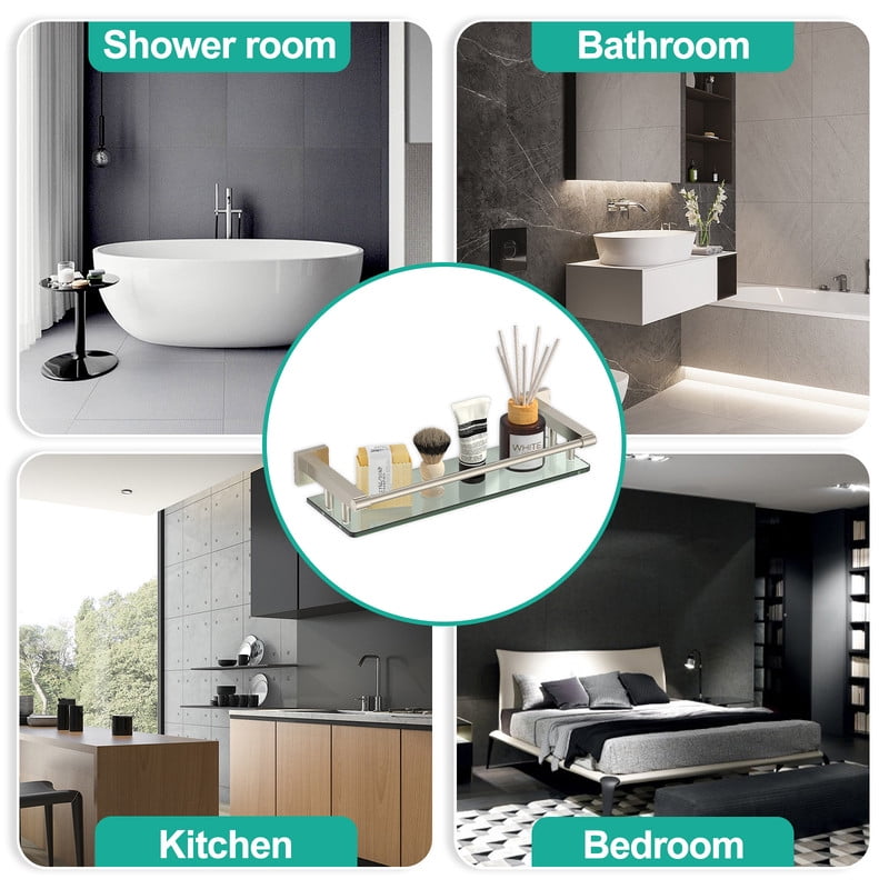 Glass Shelves for Bathroom, 16IN Brushed Nickel Bathroom Shelves for Wall Rectangular Stainless Steel Tempered Glass Modern use for Shelf Si - Image 2
