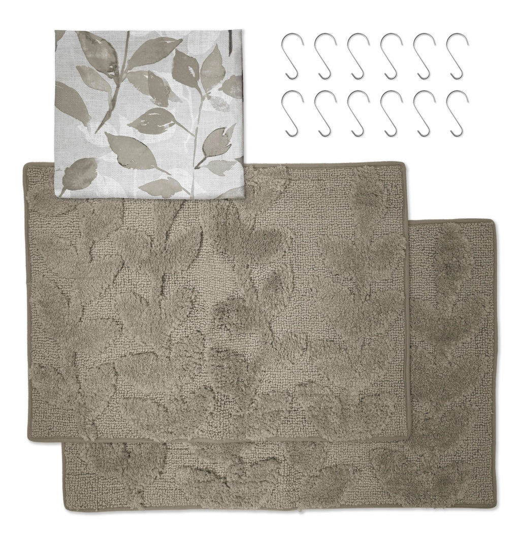 Mainstays 15-Piece Brown Leaves Bathroom Set  Shower Curtain, Bath Rugs & Hooks, Nature-Inspired Washable Dcor - Image 2