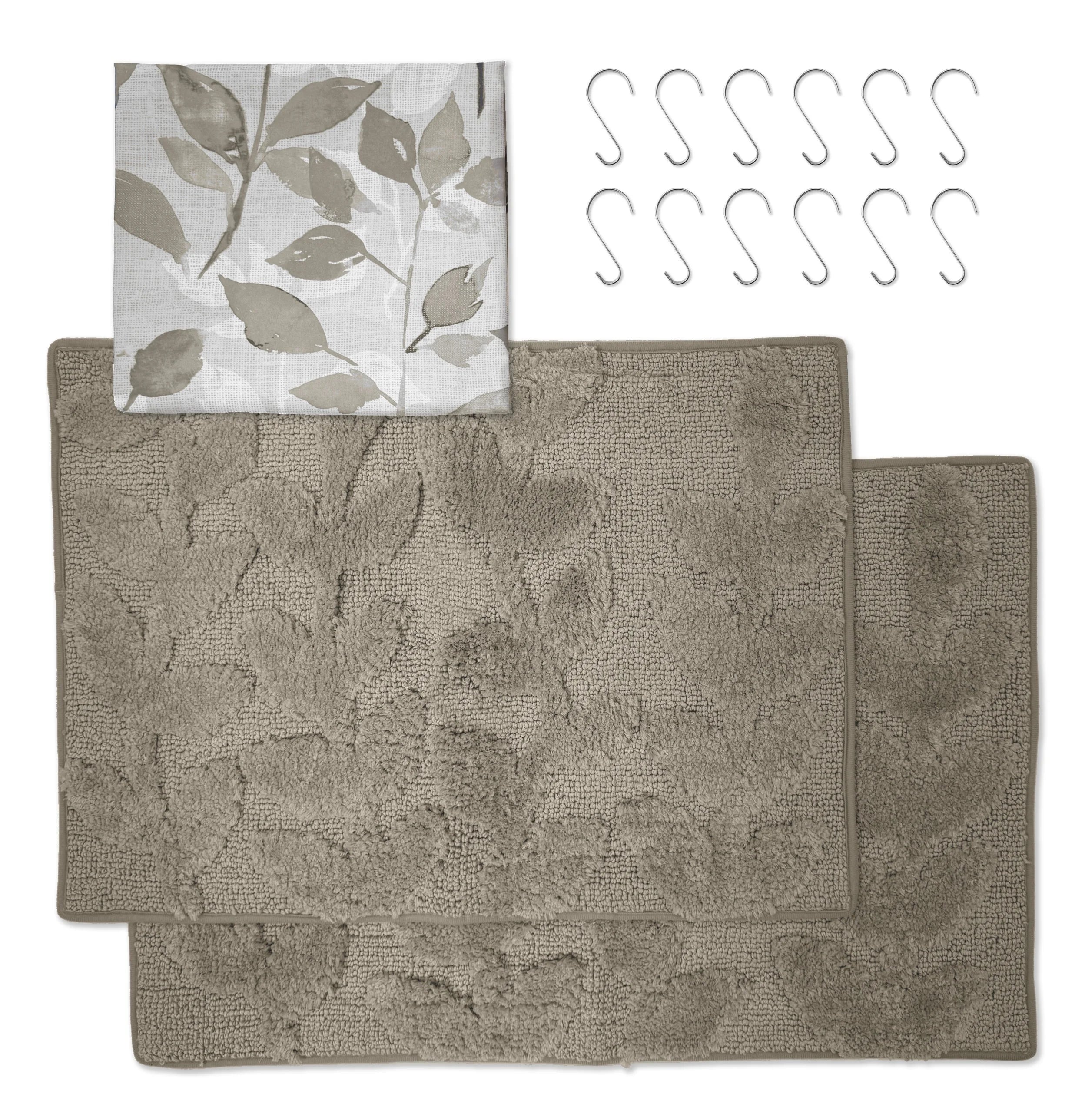Mainstays 15-Piece Brown Leaves Bathroom Set  Shower Curtain, Bath Rugs & Hooks, Nature-Inspired Washable Dcor - Image 2