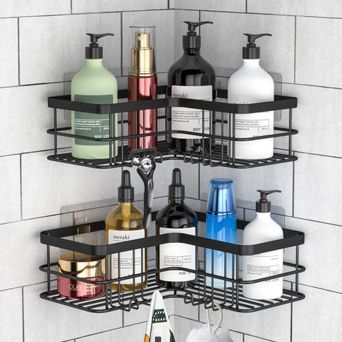 2-Shelf Caddy Corner, No Drill Rustproof Stainless Steel Bathroom Organizer Wall Mounted with 8 Hooks,Black - Image 2