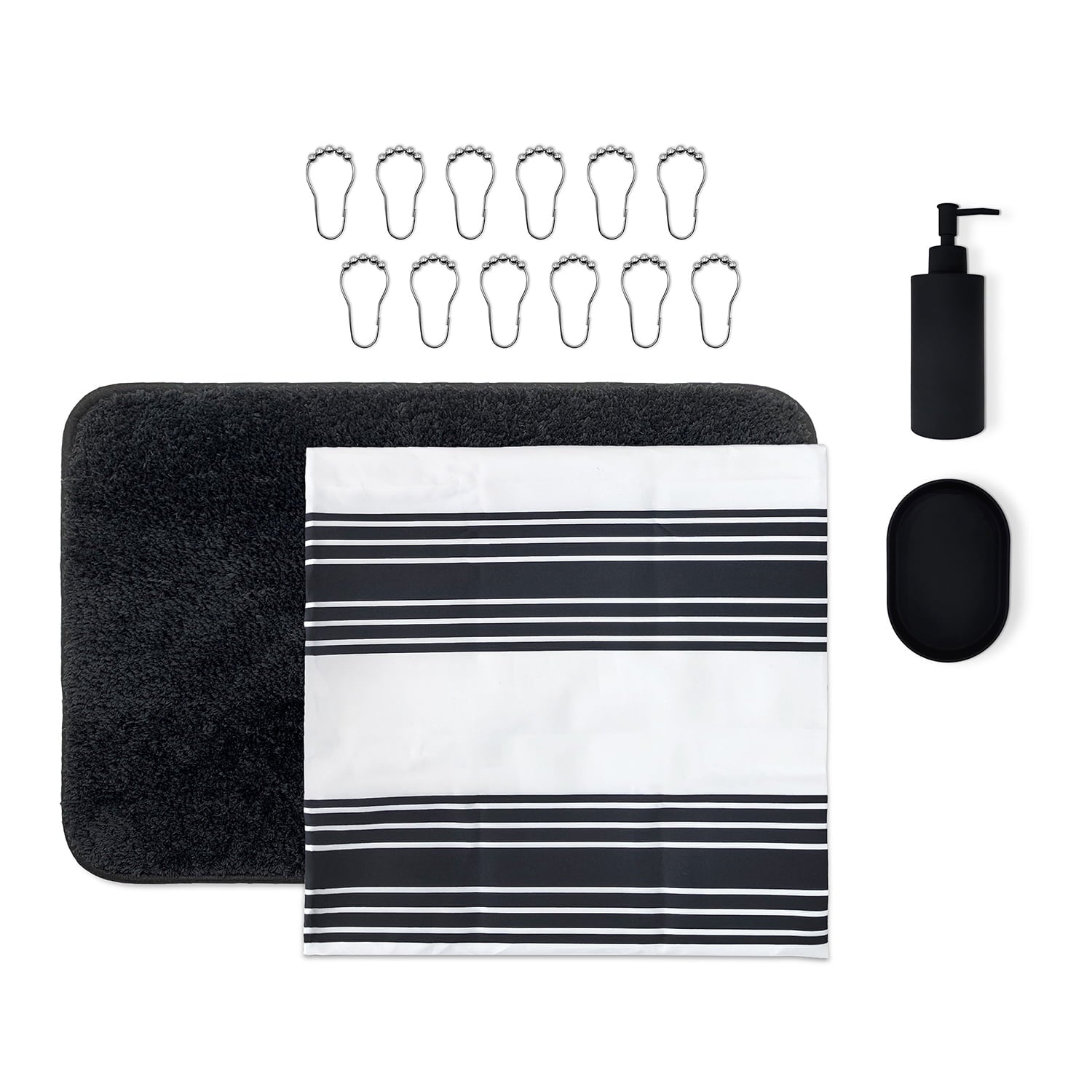 16-Piece Black Stripe Shower Curtain Bathroom Set Fabric Curtain with Rug, Hooks, Soap Dispenser & Tray - Image 3