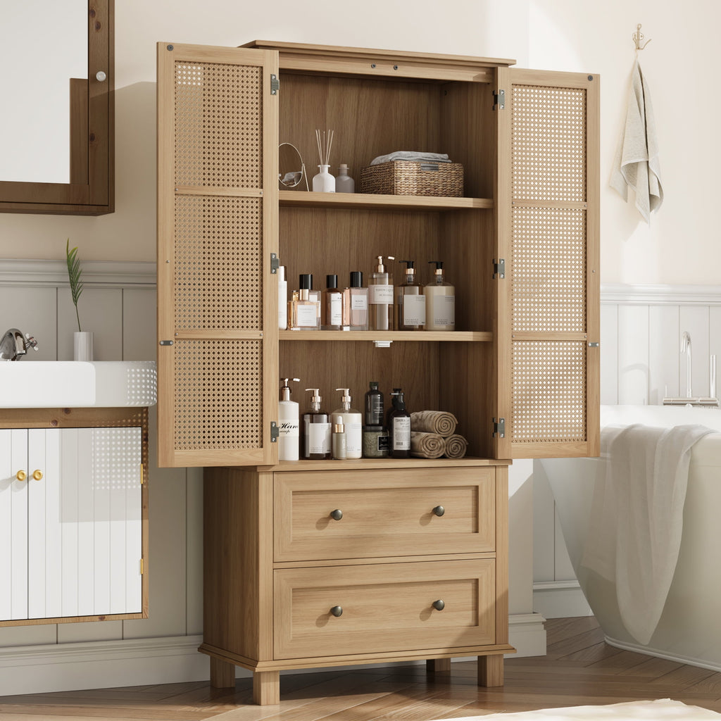 Bathroom Cabinet with Rattan Doors, Rattan Linen Storage Cabinet with 2 Drawers, Oak - Image 4