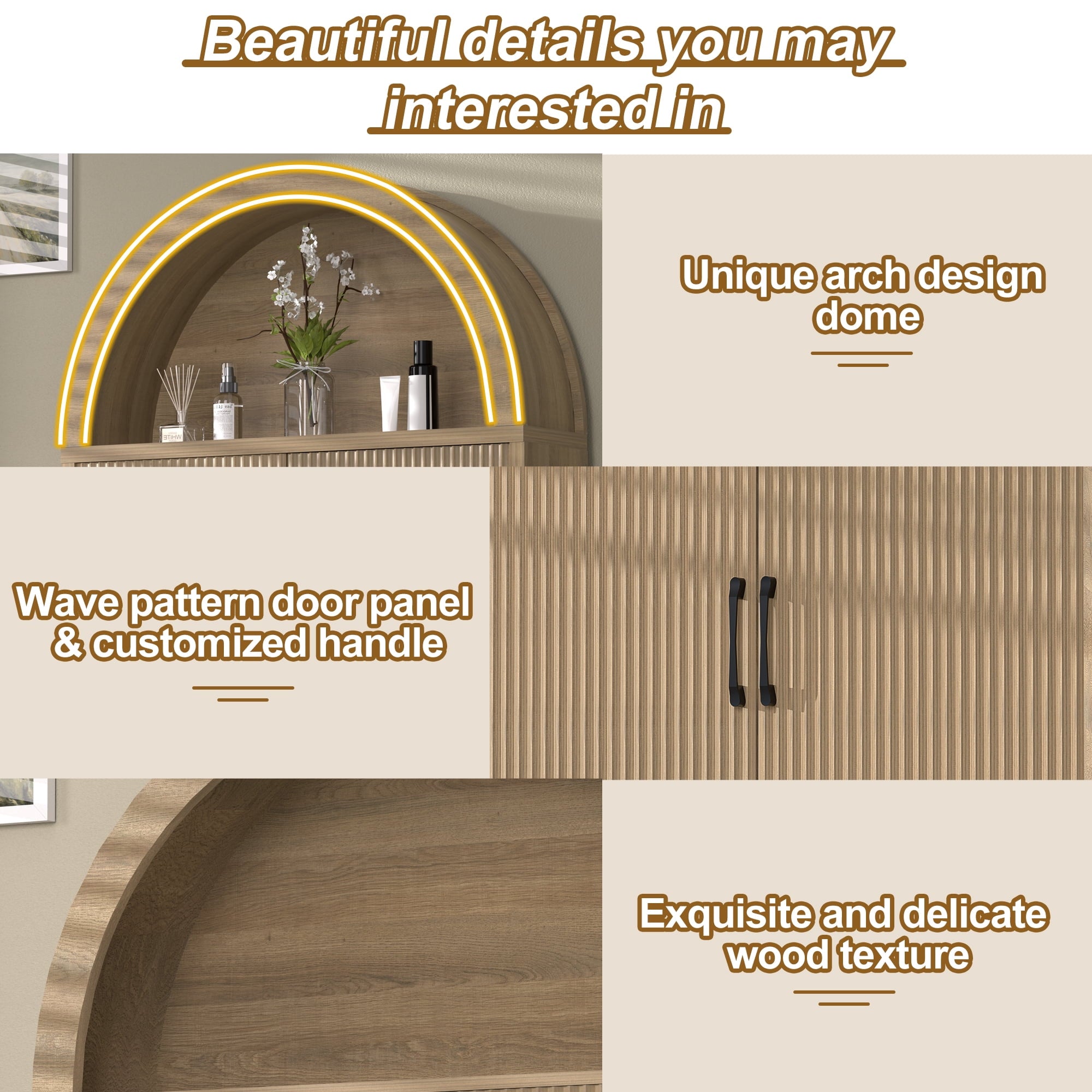 HARIPUL Over The Toilet Storage Cabinet w/ Unique Wood Grain & Arc Design, Freestanding Bathroom Shelf Organizer Space Saver w/ Doors & Anti - Image 4