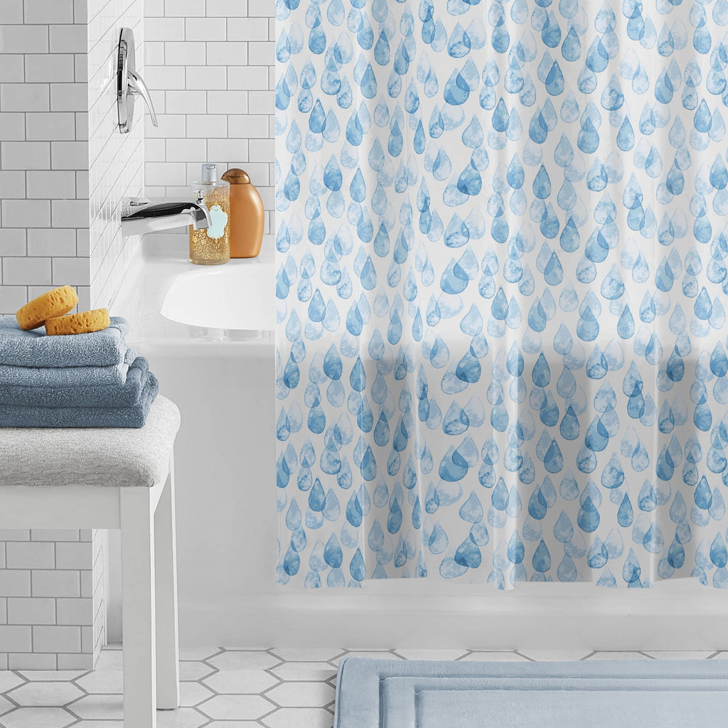 Mainstays Eco-friendly Water Drops Waterproof Recycled PEVA Shower Curtain Set with 12 Hooks, Blue - Image 2